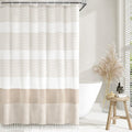Awellife Boho Beige Shower Curtain For Bathroom Extra Long Stripe Knotted-Tassel Shower Curtain 72 X 84 Inches Natural Linen