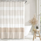 Awellife Boho Beige Shower Curtain For Bathroom Extra Long Stripe Knotted-Tassel Shower Curtain 72 X 84 Inches Natural Linen