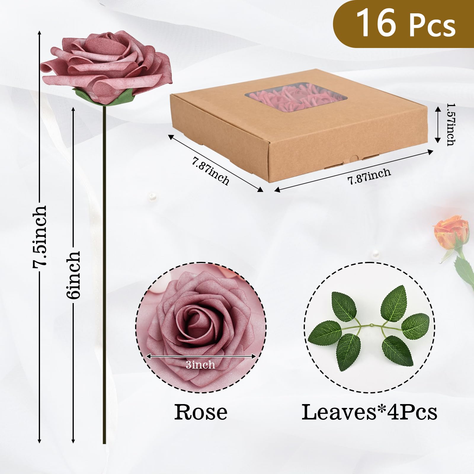 Bleum Cade 16Pcs Artificial Flowers Fake Roses With Stems, Gradient Dusty Rose Boxed Foam Roses For Diy Bouquets Centerpieces We