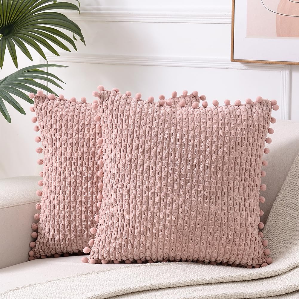 Fancy Homi 2 Packs Dusty Pink Decorative Throw Pillow Covers 18x18 Inch with Pom-poms for Couch Bedroom Living Room, Farmhouse B