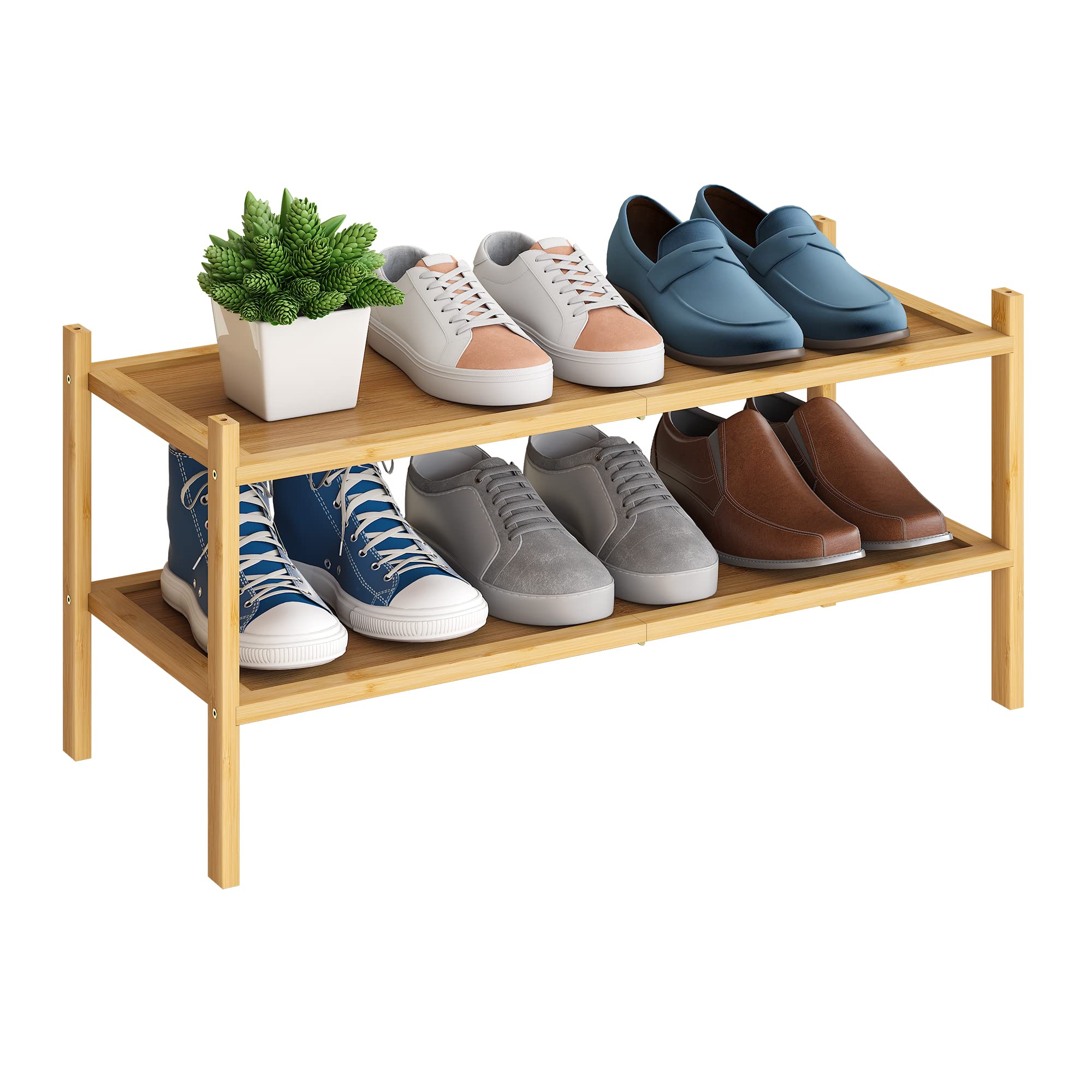 Bmosu 2-Tier Bamboo Shoe Rack Premium Stackable Shoe Shelf Storage Organizer For Hallway Closet Living Room Entryway Organizer(Natural)