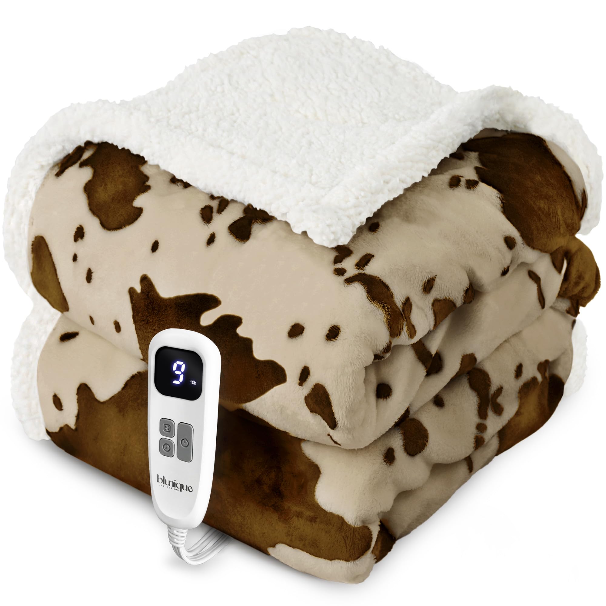 Blunique Heated Throw Electric Blanket - Heating Blanket Throw With 5 Heat Levels & 4 Hours Auto-Off, Cozy Soft Fleece Sherpa Bl