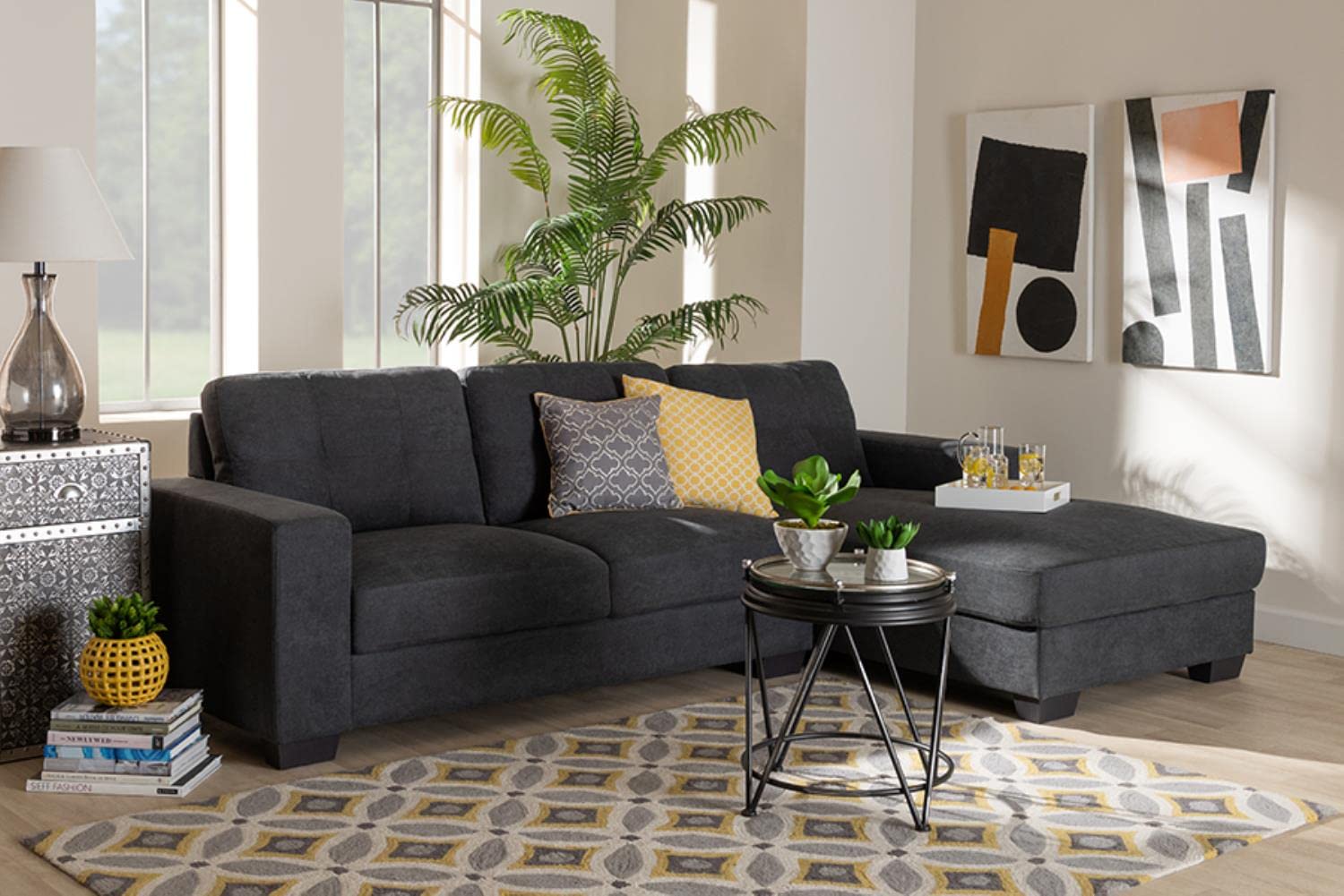 Baxton Studio Langley Modern and Contemporary Dark Grey Fabric Upholstered Sectional Sofa with Right Facing Chaise