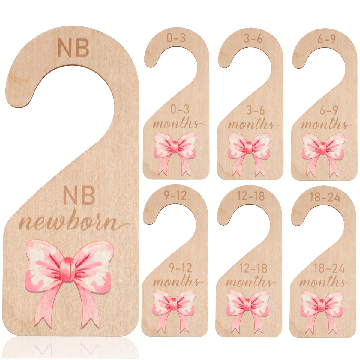 Matwsec 7PCS Wooden Baby Closet Dividers, Pink Bow Baby Clothes Organizer, DoubleSided Nursery Clothes Size Hanger Organizer fr