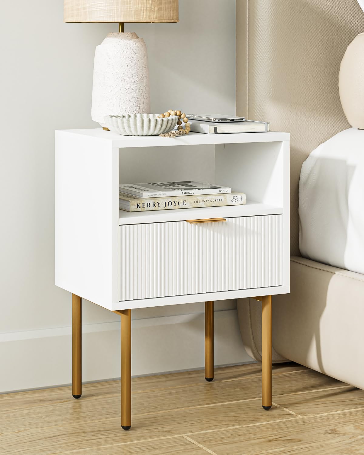 Aepoalua Nightstand,Modern Bedside Table With Gold Frame,White Night Stand,Bedside Furniture,Small End Table With Drawer And Shelf For Bedroom,Living Room