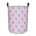 ZNIENIE Pink Checkered Blue Bow Round Clothes Laundry Hamper Storage Basket Toys Organizer Bin for Home Bathroom Bedroom Nursery