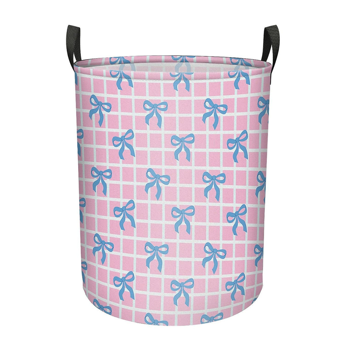 ZNIENIE Pink Checkered Blue Bow Round Clothes Laundry Hamper Storage Basket Toys Organizer Bin for Home Bathroom Bedroom Nursery