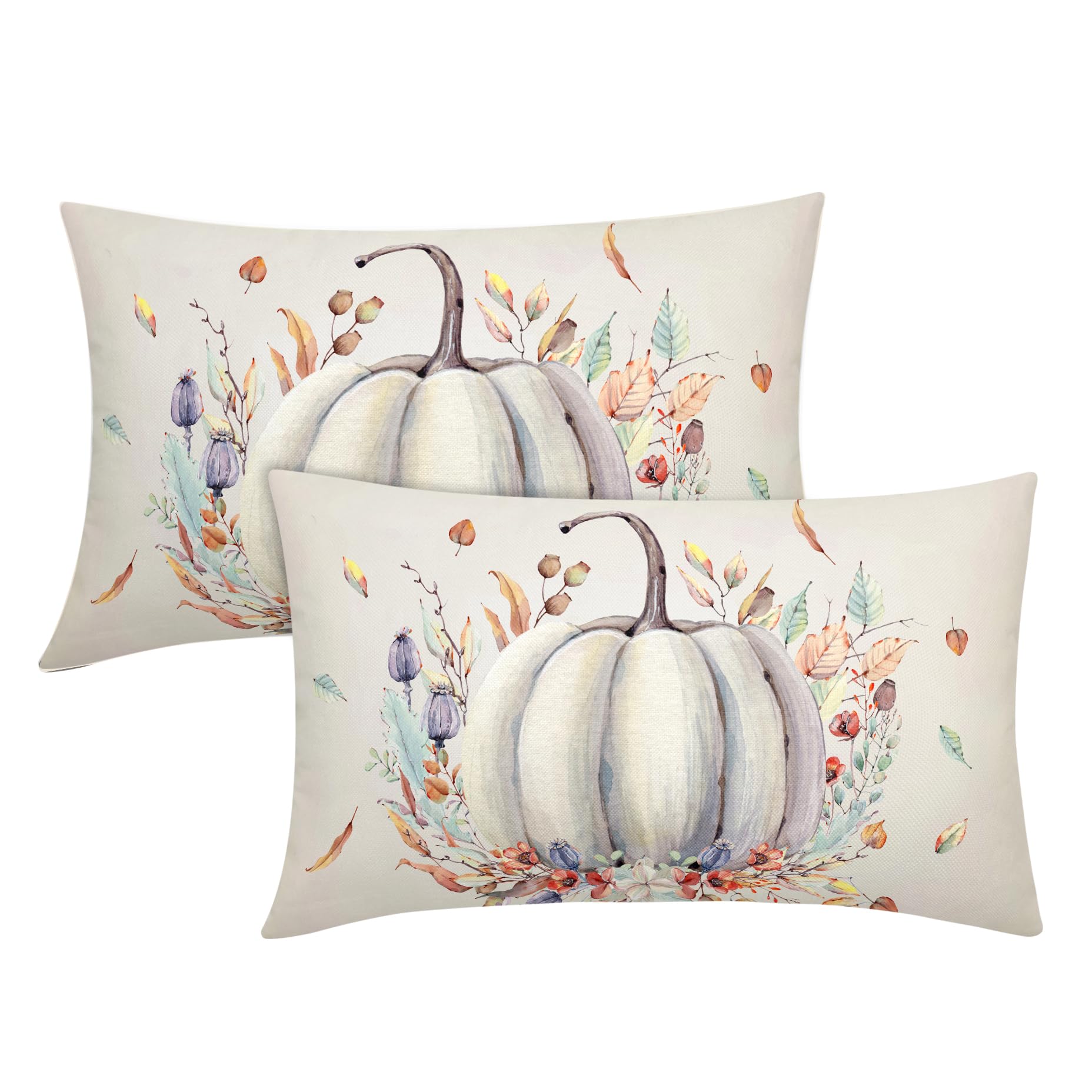 Fall White Pumpkin Lumbar Pillow Covers 12X20 Inch Purple Flower Leaves Decorative Pillow Cases Seasonal Autumn Thanksgiving Har