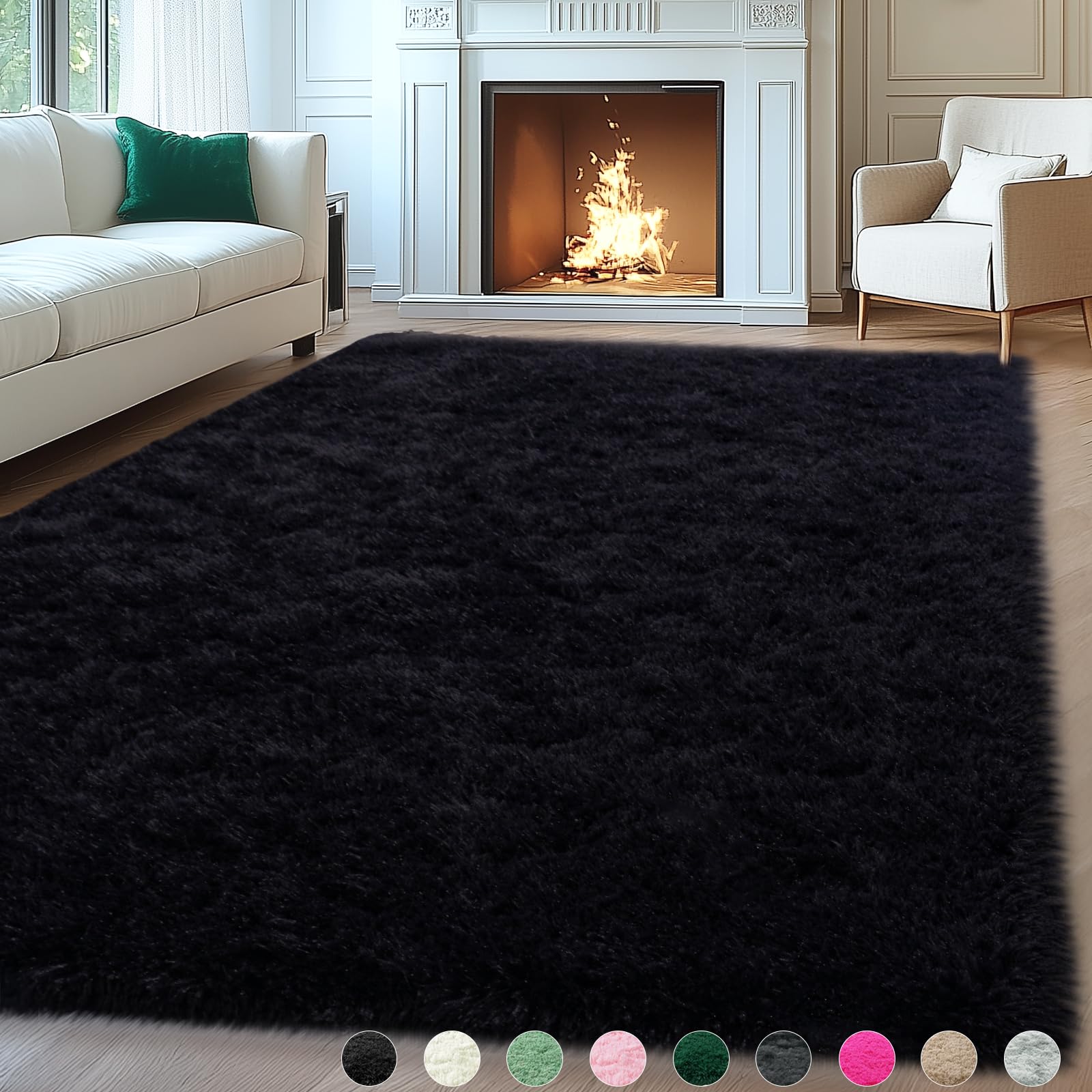 Mugorn 8x10 Area Rugs for Living Room, Large Fluffy Black Rugs for Bedroom, Soft Carpet Shag Kids Room Rug, Non-Slip Fuzzy Rugs 