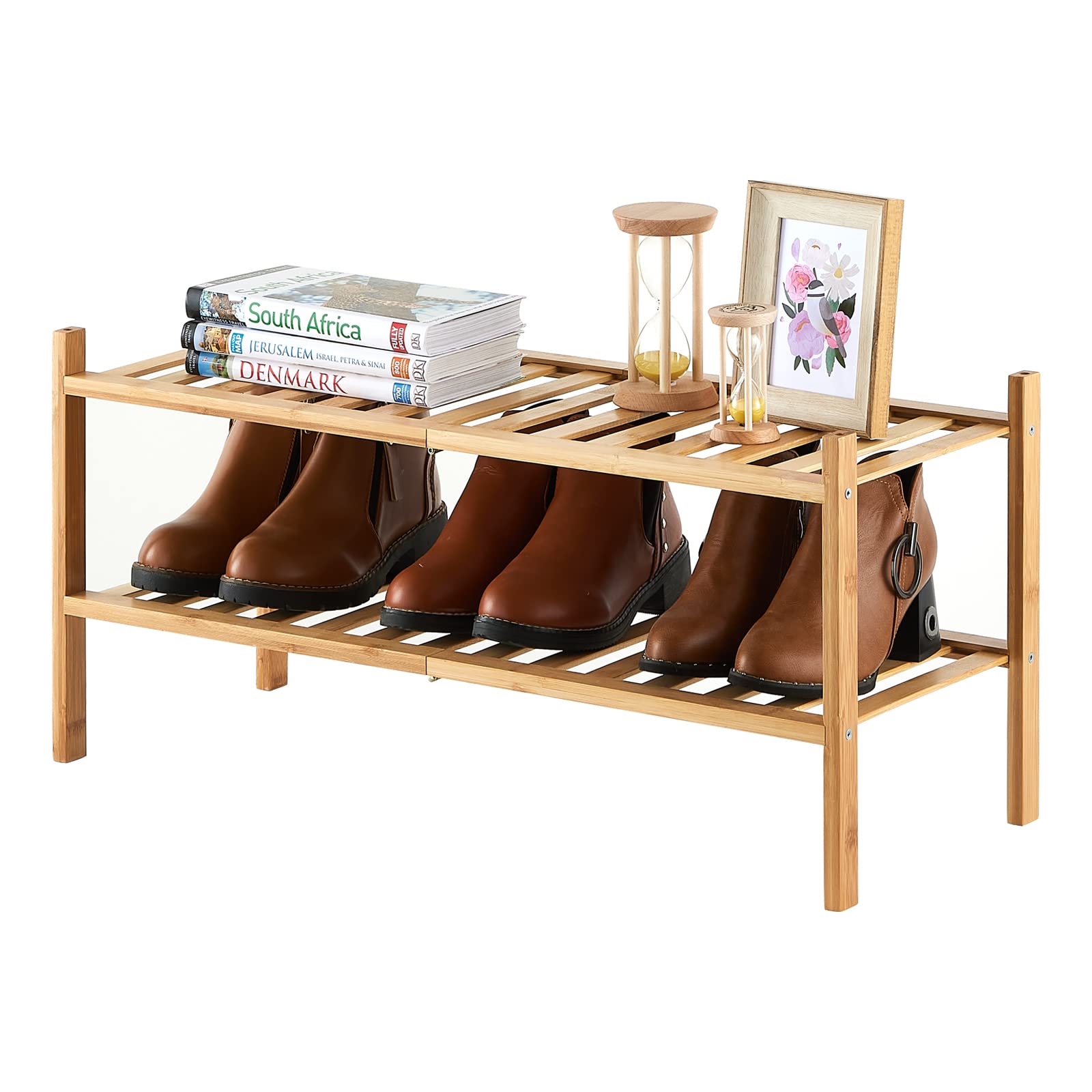 Furshus Long Shoe Rack, 4-Tier Bamboo Stackable Shoe Shelf Storage Organizer, Shoe Stand for Closet, Entryway and Hallway