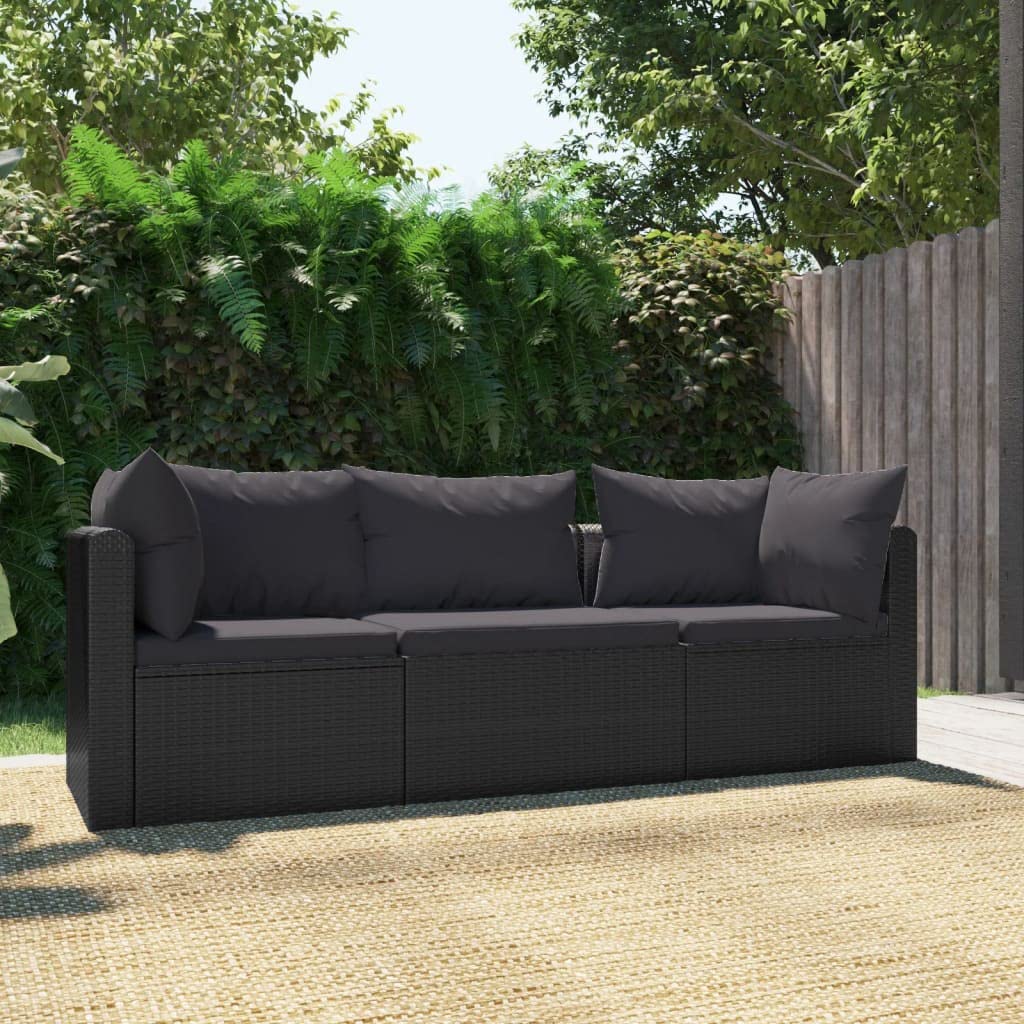 vidaXL 3 Piece Patio Sofa Set, Black Poly Rattan Outdoor Furniture with Cushions, Weather Resistant Material, Easy Assembly, Ideal for Courtyard, Poolside, Garden
