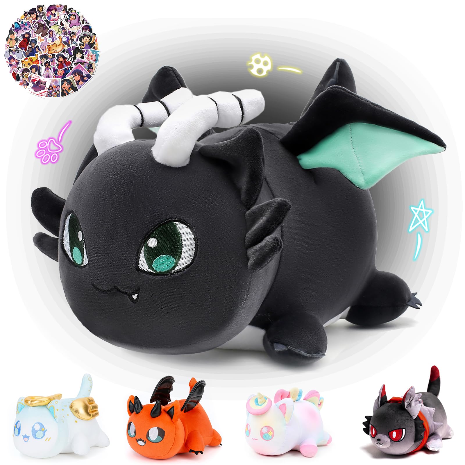 Kowsi 61-Pcs 11-Inches Dragon Cat Plush + 60-Sticker - Meemeows Popular Cat Plush Collection - 100% Polyester Plushie Pillow Emb