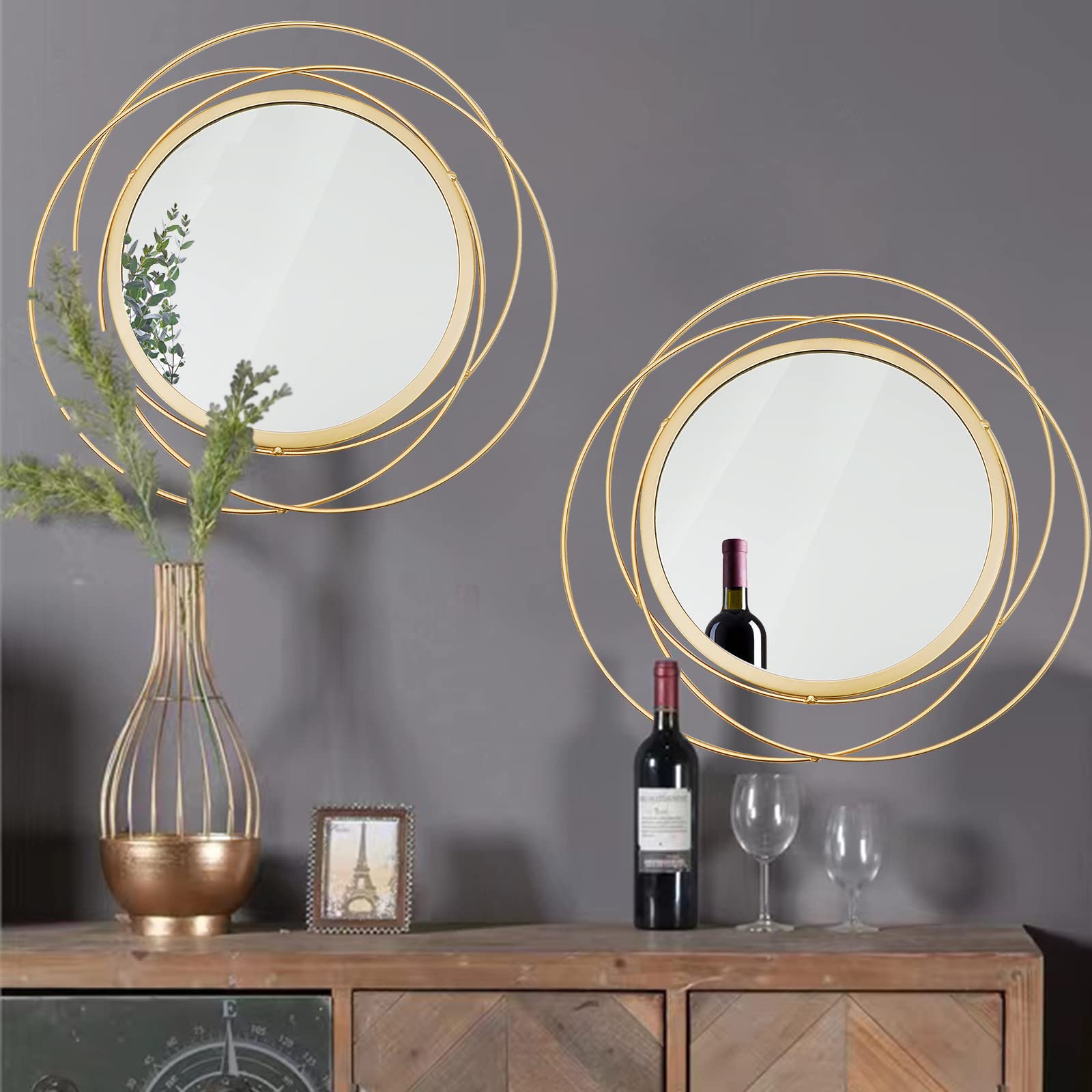 2 Set 15.7 Gold Circle Mirrors Wall Decor Iron Frame Mirrors Art Round Home Hanging Mirrors for Living Room/Bedroom/Bathroom/E