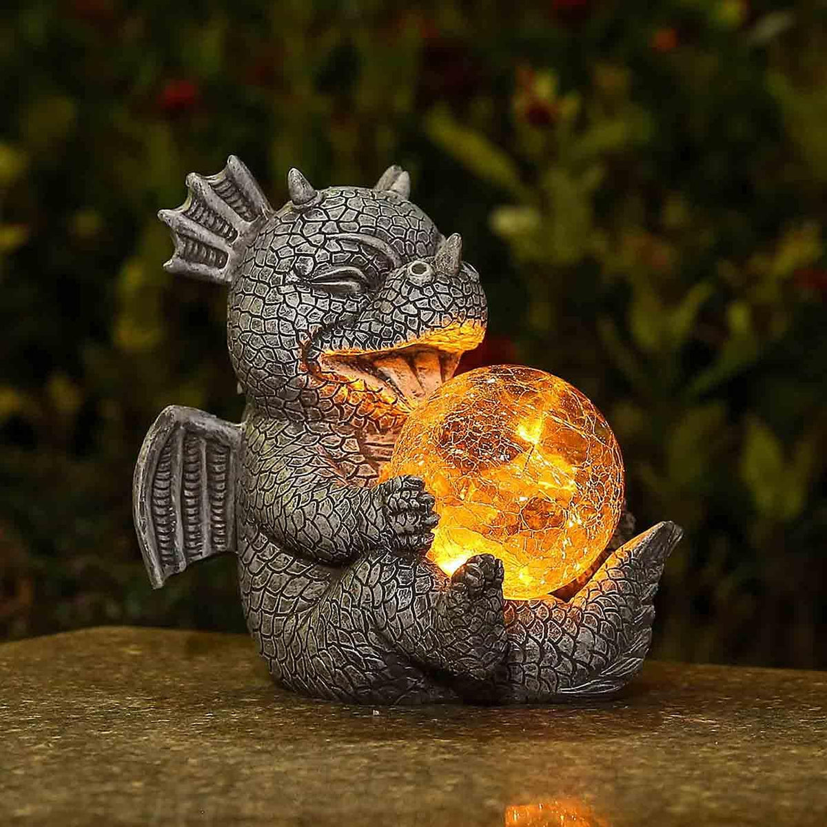 Jy.Cozy Garden Dragon Statue Solar Powered Outdoor Figurine Light Decor Cute And Hold Glowing Glass Ball Resin Sculpture Home De