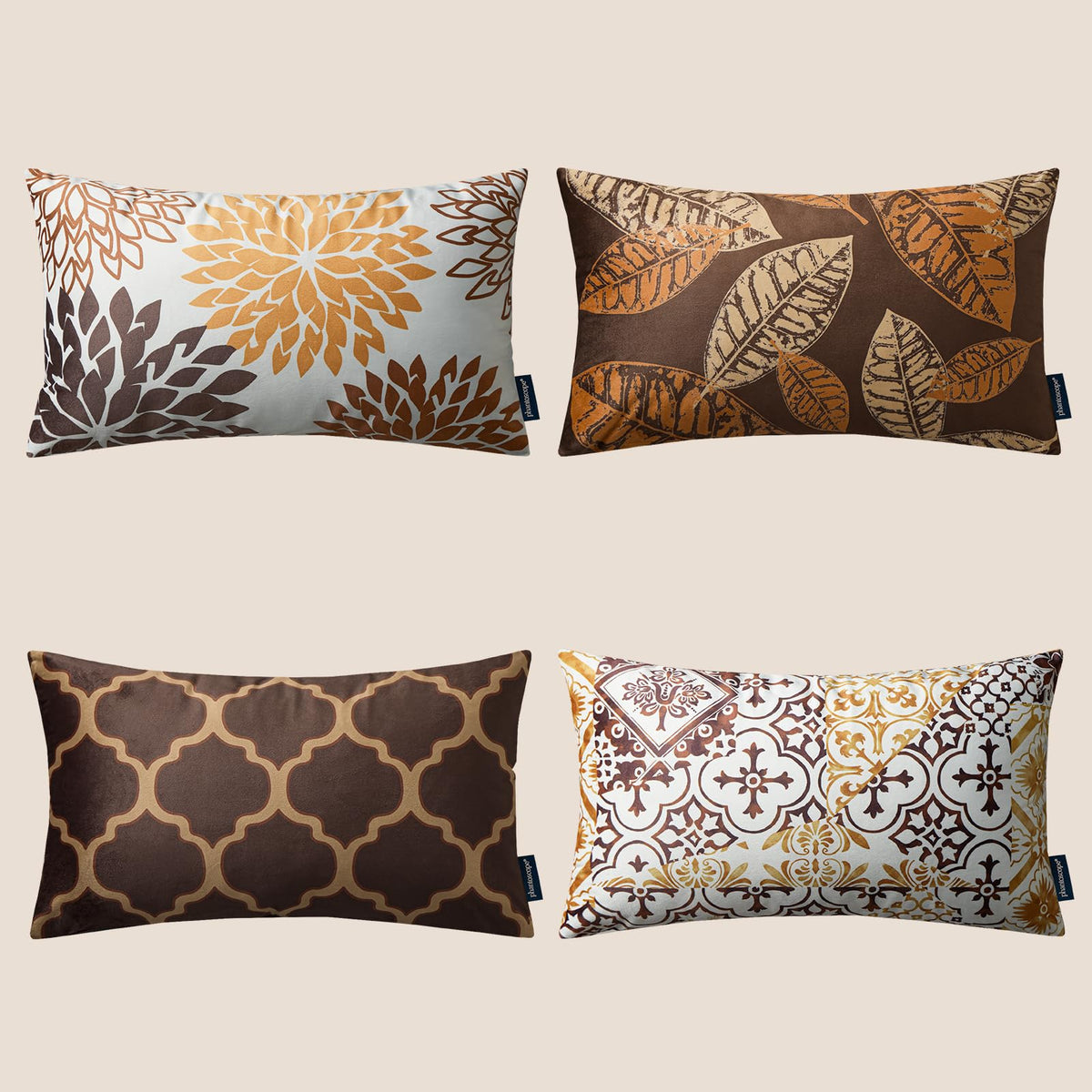 Phantoscope Set Of 4 New Living Series Leaf Geometric Throw Decorative Velvet Pillow Cover Cushion Cover, Dark Coffee12 X 20 Inches 30 X 50 Cm