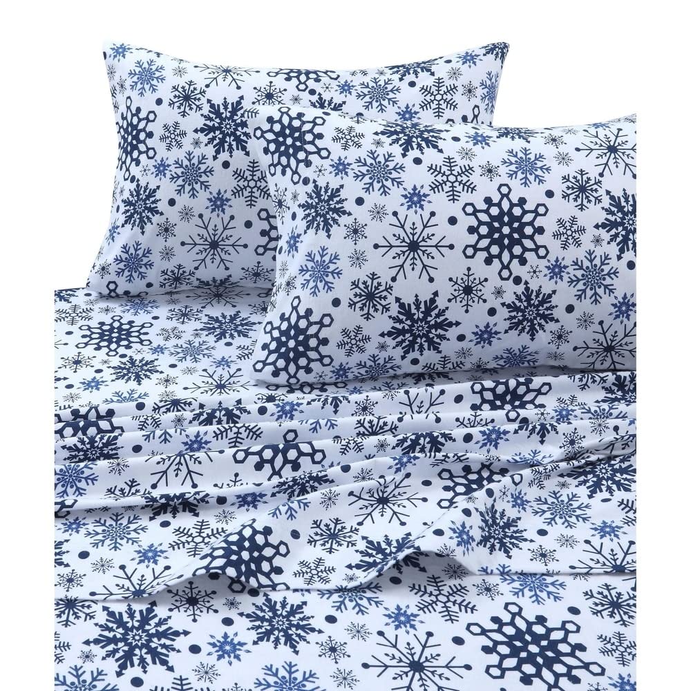 Tribeca Living 100% Cotton Flannel Sheet Set - Deep Pocket, 170-Gsm, Ultra Soft & Cozy Bedding For Winter, King, Snowflakes