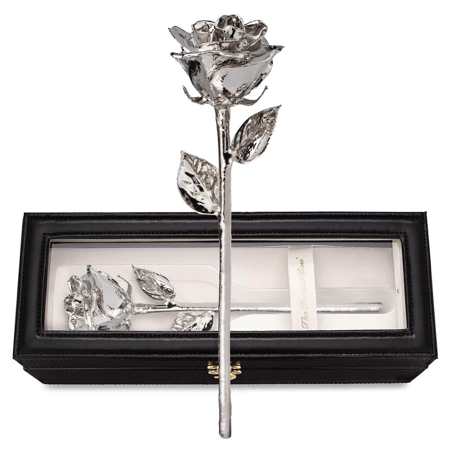 Forever Rose Leather Case Bundle - A Genuine, One Of A Kind, Real Rose Hand Dipped In Platinum With Beautiful Leather Case With