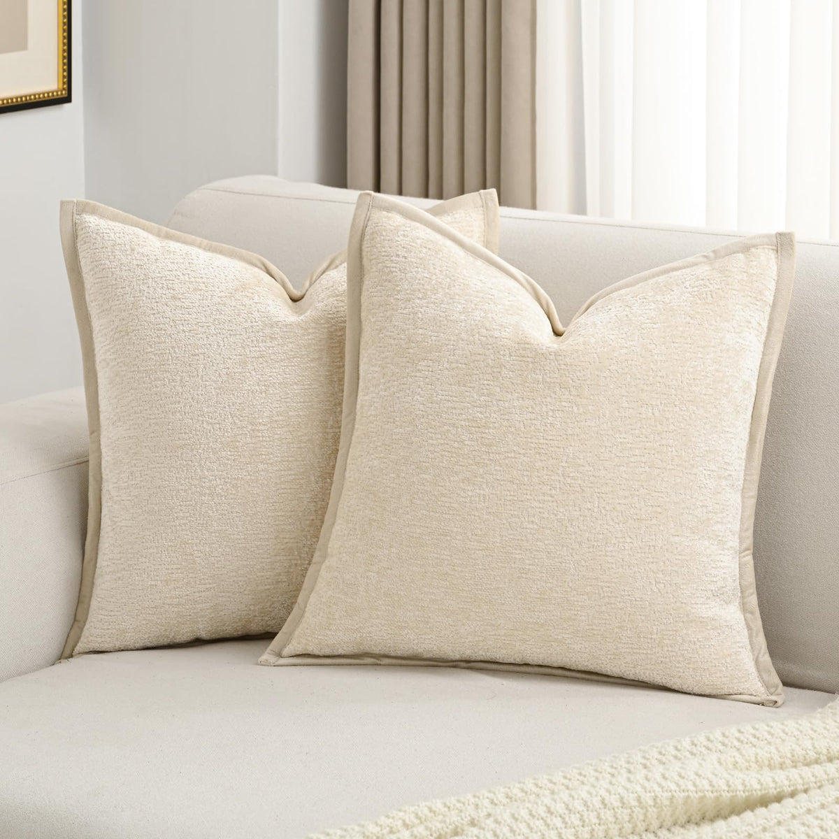Futei Beige Chenille Throw Pillow Covers 26X26 Inch Set Of 2,Soft Velvet Euro Pillow Shams,Home Decor For Couch Bed Living Room