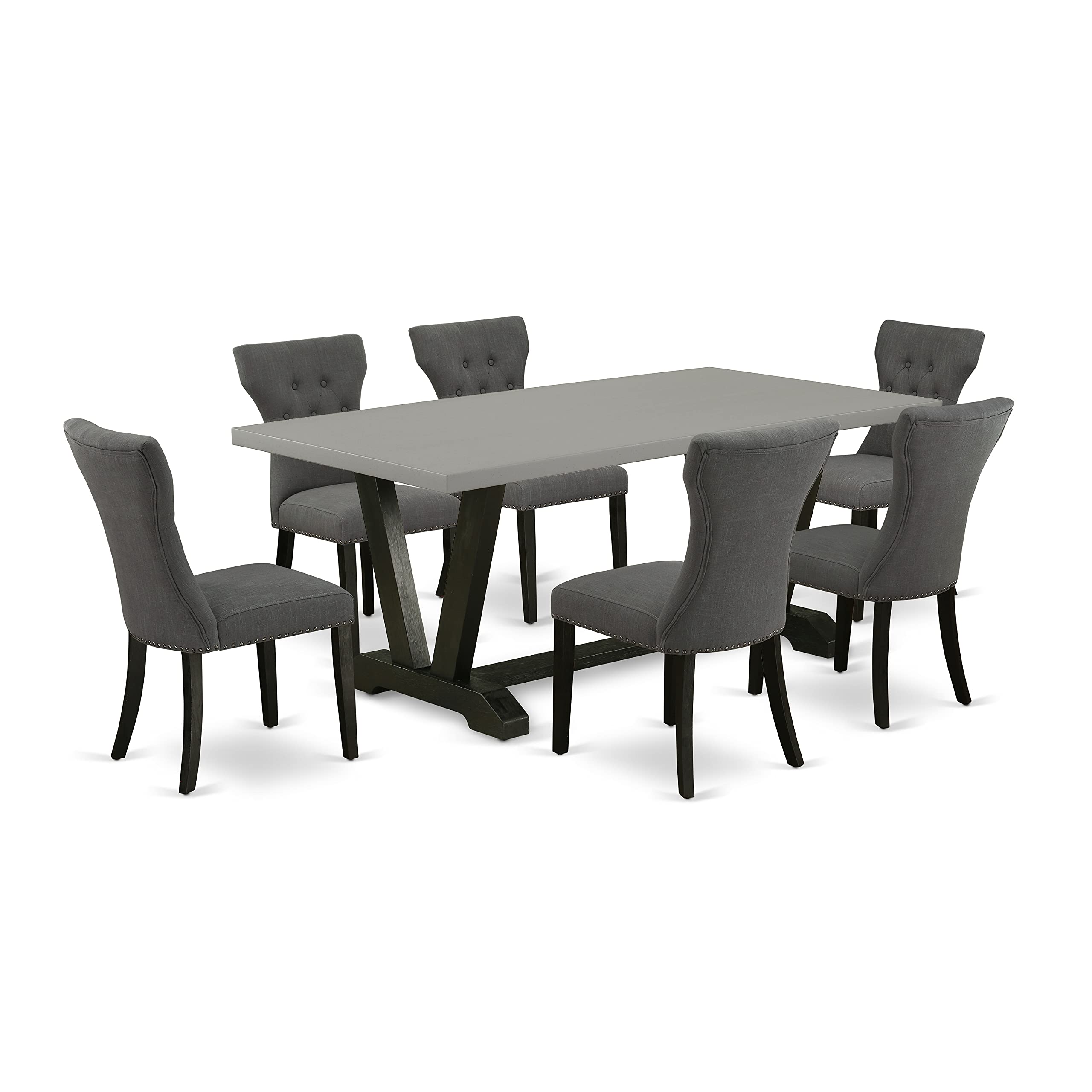 East West Furniture V-Style 7 Piece Dinette Set Consist Of A Rectangle Room Table With V-Legs And 6 Dark Gotham Linen Fabric Parsons Dining Chairs, 40X72 Inch, V697Ga650-7