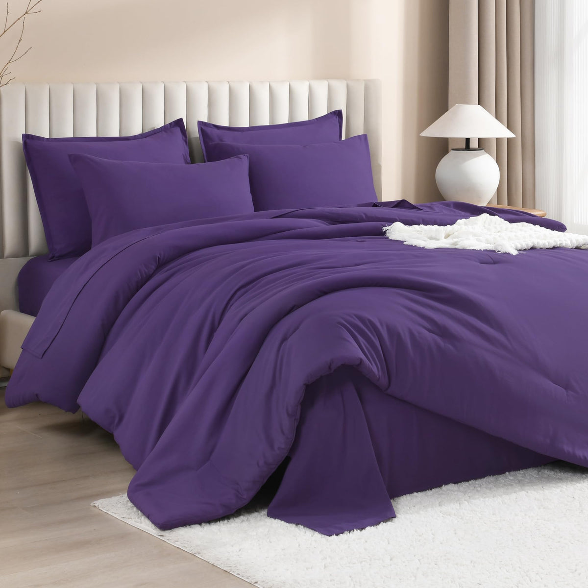 Litanika Comforter King Size Set Purple - 7 Pieces Bed In A Bag King Beddding Comforter Sets, Plain Lightweight Bed Set With Com