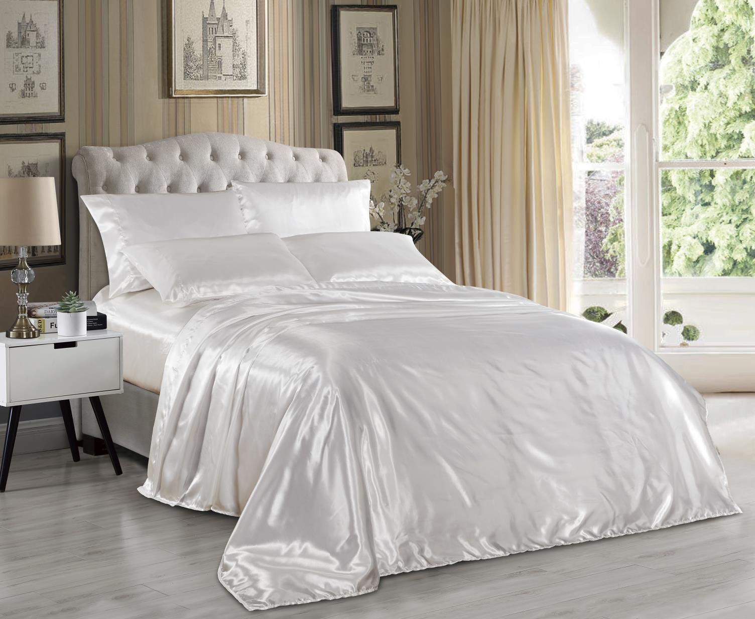 Hight Thread Count Solid Color Soft Silky Charmeuse Satin Luxury And Super Soft Bed Sheet Set (Ivory, King)
