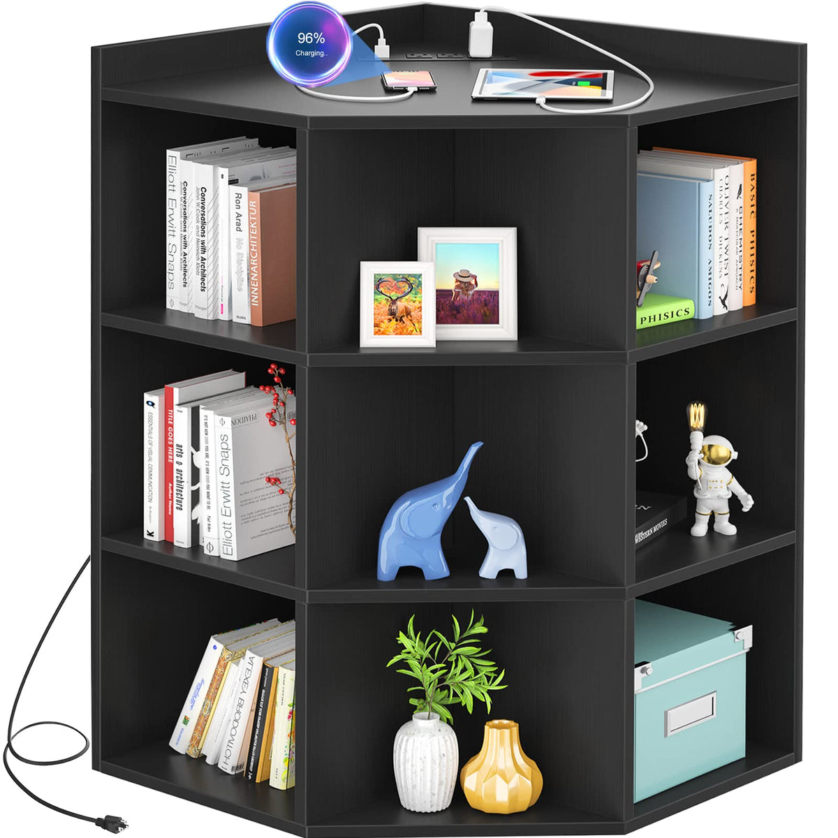 Aheaplus 4Tier Corner Cube Bookshelf with Charging Station, Corner Cabinet