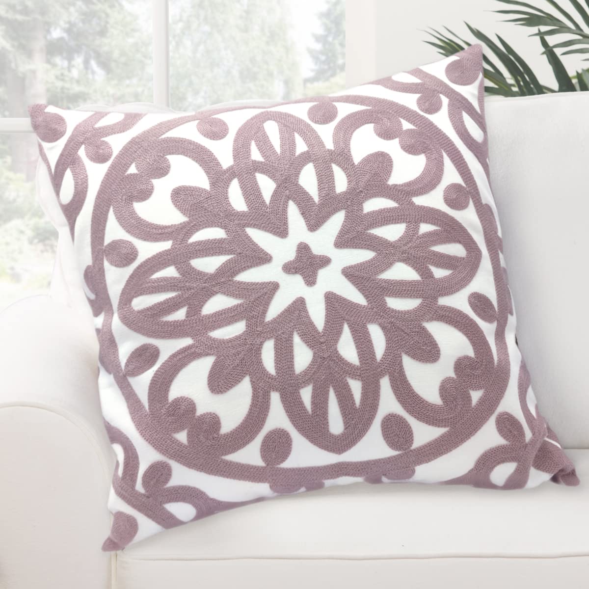 Alysheer Embroidered Decorative Throw Pillow Cover 18X18, Cozy Fashion Mandala Knit Pattern, Soft 100% Cotton Pale Mauve Grey Cu