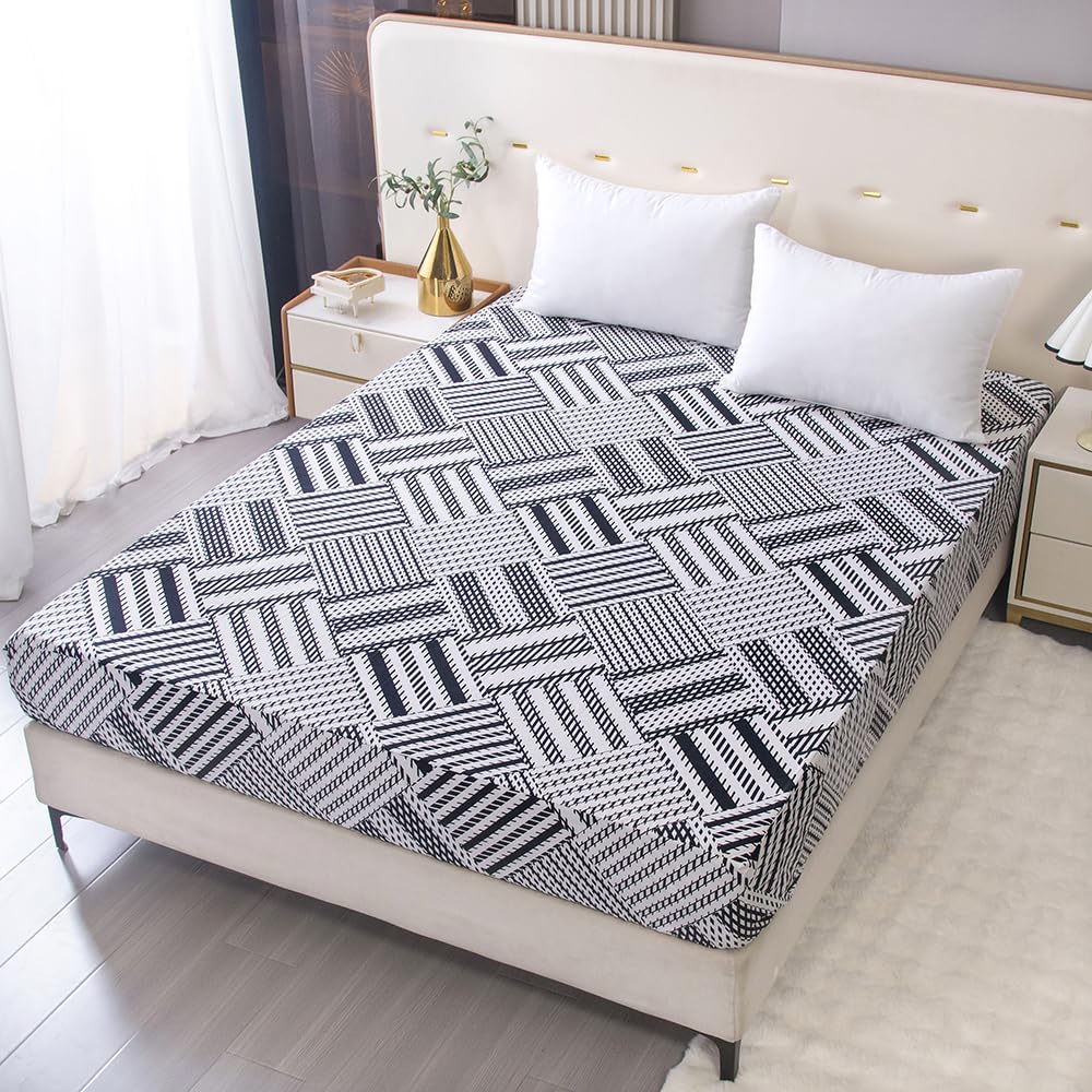 Naturety Bedding Fitted Sheet With Deep Pocket,Thicken Printed Fabric Bed Sheets (Black Checkered, King)