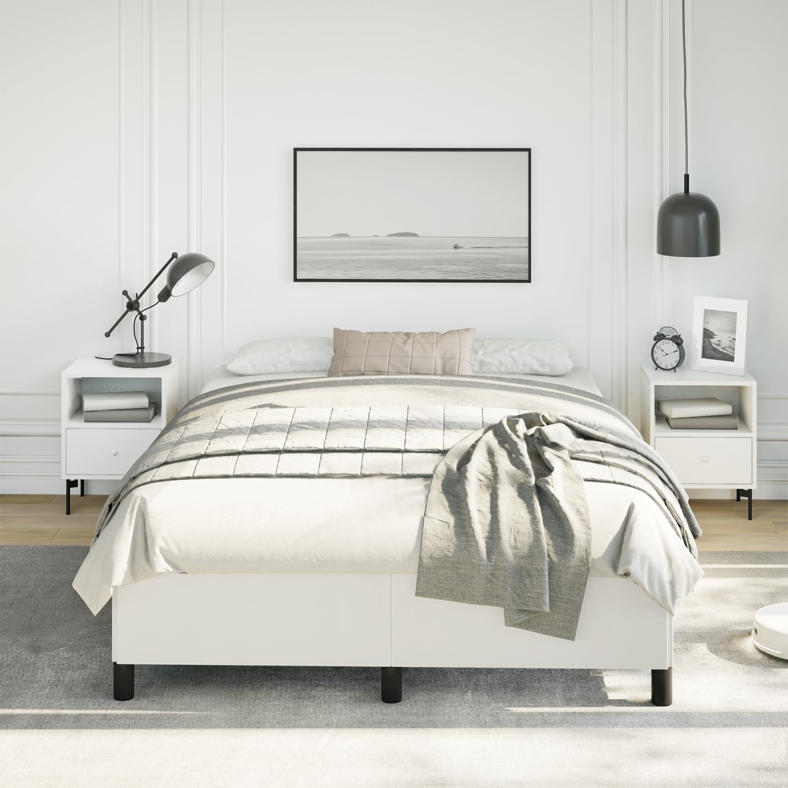 vidaXL Full Size Bed Frame with Plywood Slats, Platform Bed Frame, Faux Leather Upholstered Mattress Foundation, No Box Spring Needed & Easy Assembly, White, Without Mattress