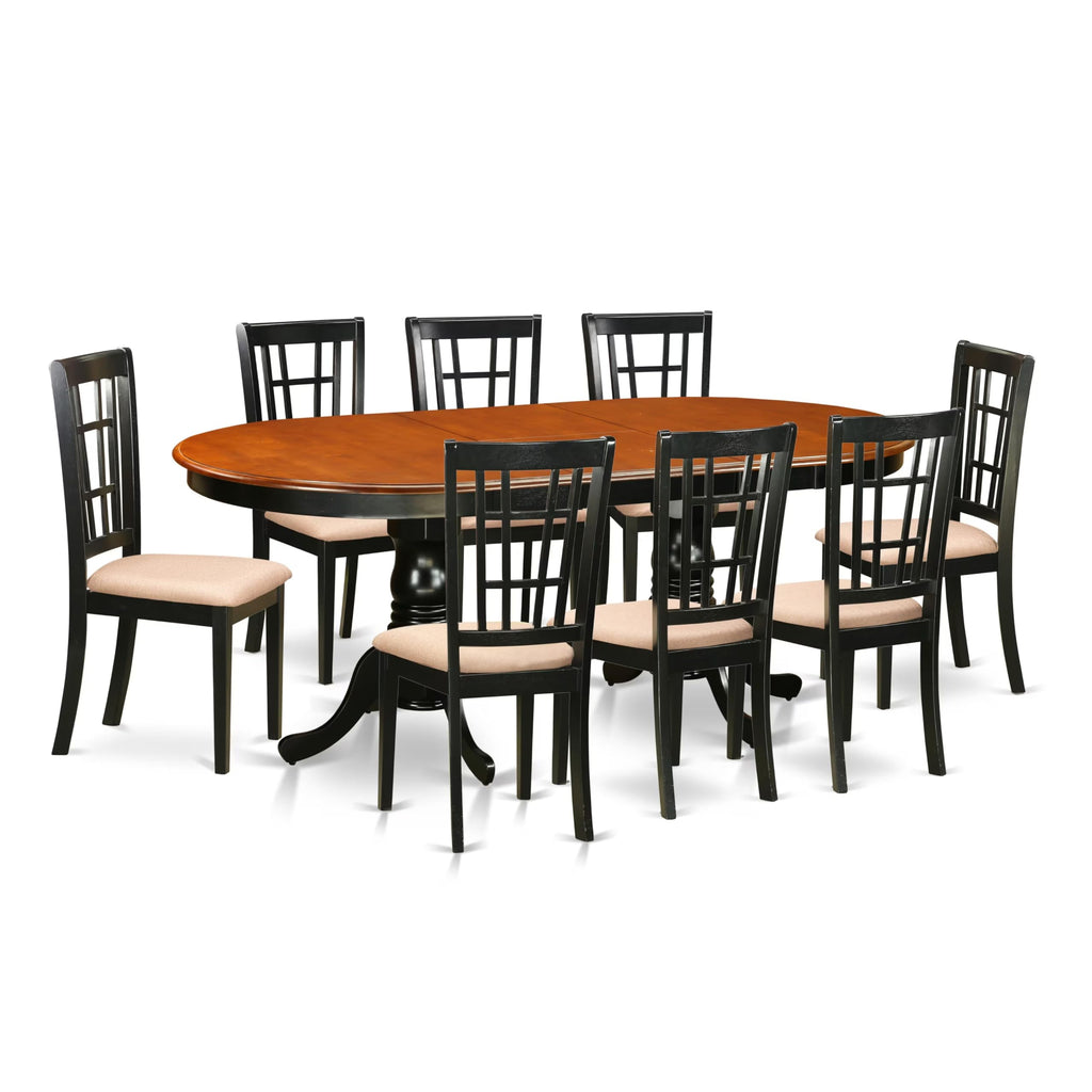 East West Furniture PLNI9-BCH-C 9 Piece Modern Dining Table Set Includes an Oval Wooden Table with Butterfly Leaf and 8 Linen Fabric Kitchen Dining Chairs, 42x78 Inch, Black & Cherry