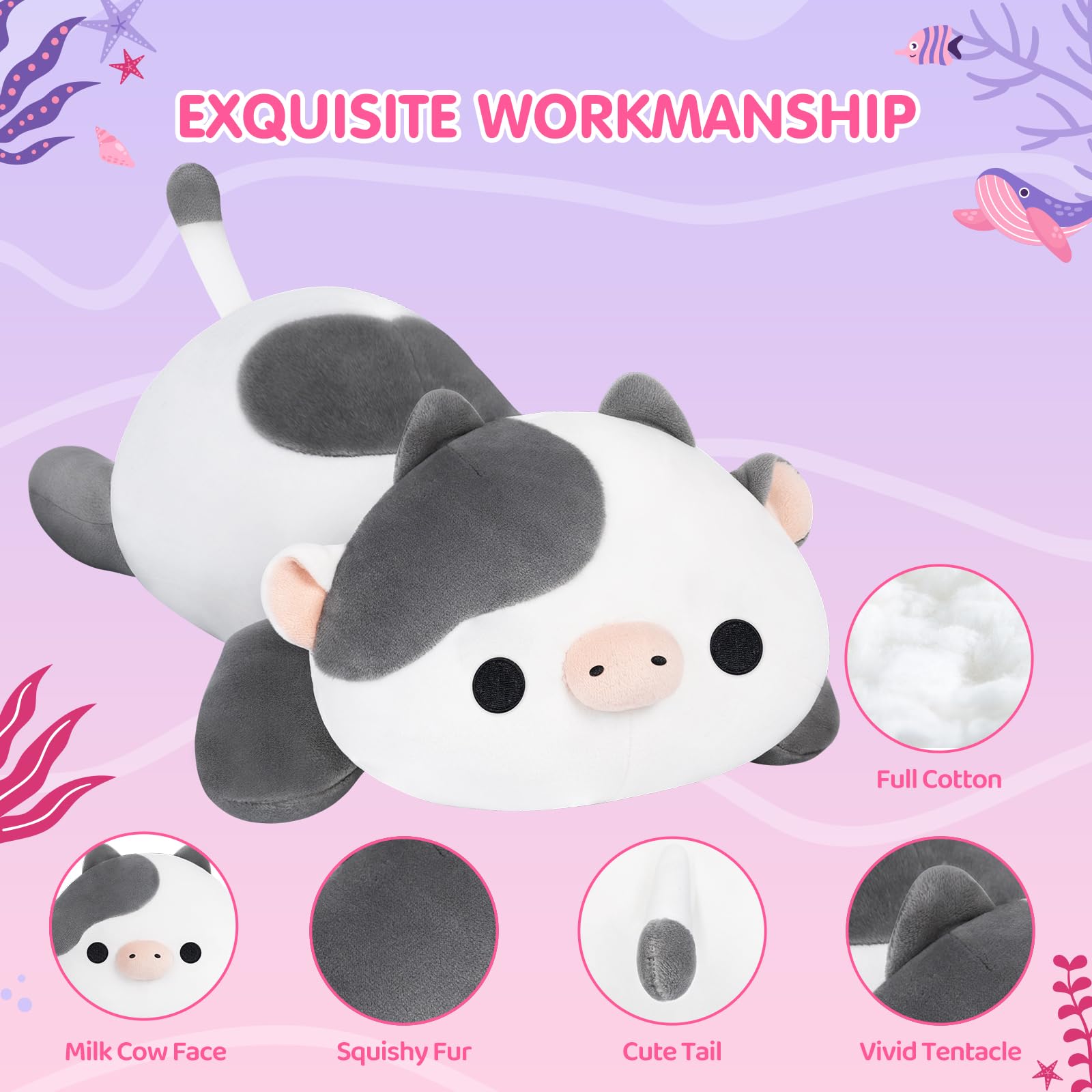 Mewaii Cute Cow Plush Pillow, Kawaii Plushies White Cow Stuffed Toys, Squishy Plushies, Cuddle Plush Pillow For Boys & Girls