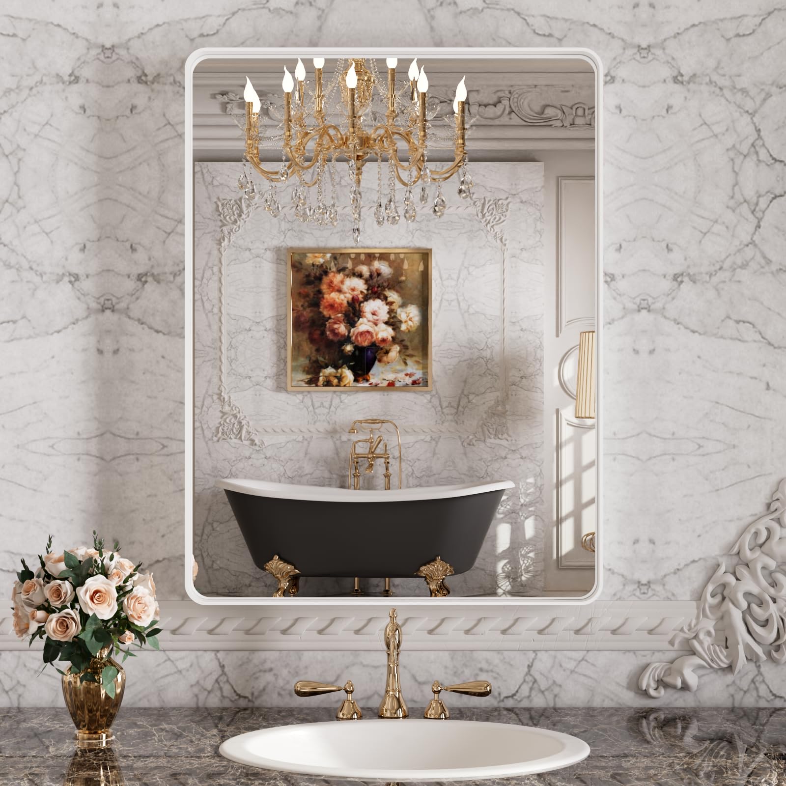 ISTRIPMF 24x32 Inch White Framed Bathroom Mirror,Matte Metal Frame Vanity Mirror,Round Corner,Farmhouse,Decorative Wall Mounted 