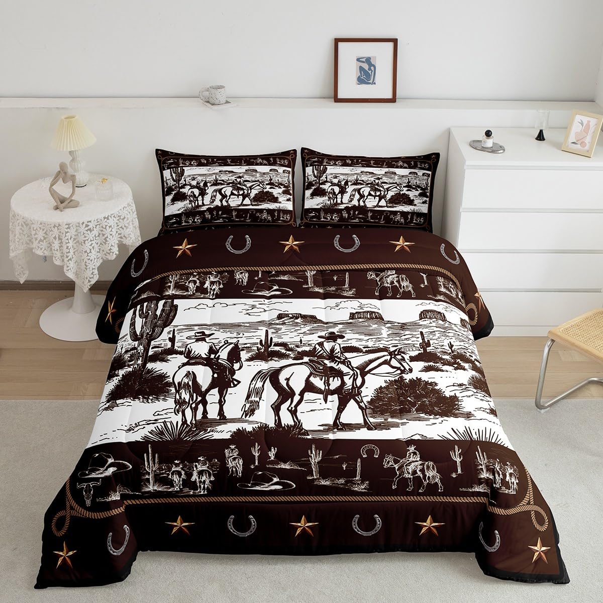 Manfei Cowboy Comforter Set Full Size, Western Cowboy Horse Bedding Set 3Pcs, Rustic Farmhouse Wild West Cactus Brown Down Comfo