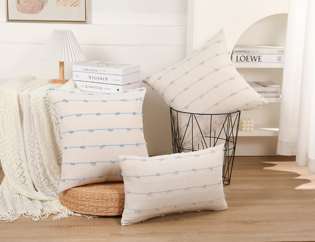 Nuyecy Set Of 2 Boho Throw Pillow Covers 20X20,Stone Grey And White Neutral Couch Pillow Case With Tassel Fringe Decorative,Mode