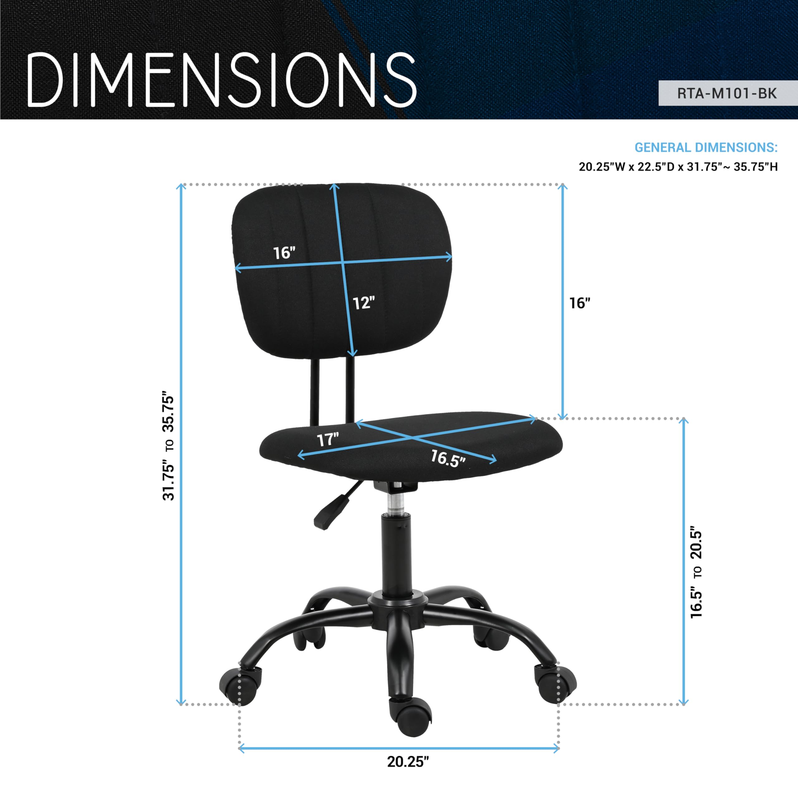 Techni Mobili Height-Adjustable Task Office Chair - Black