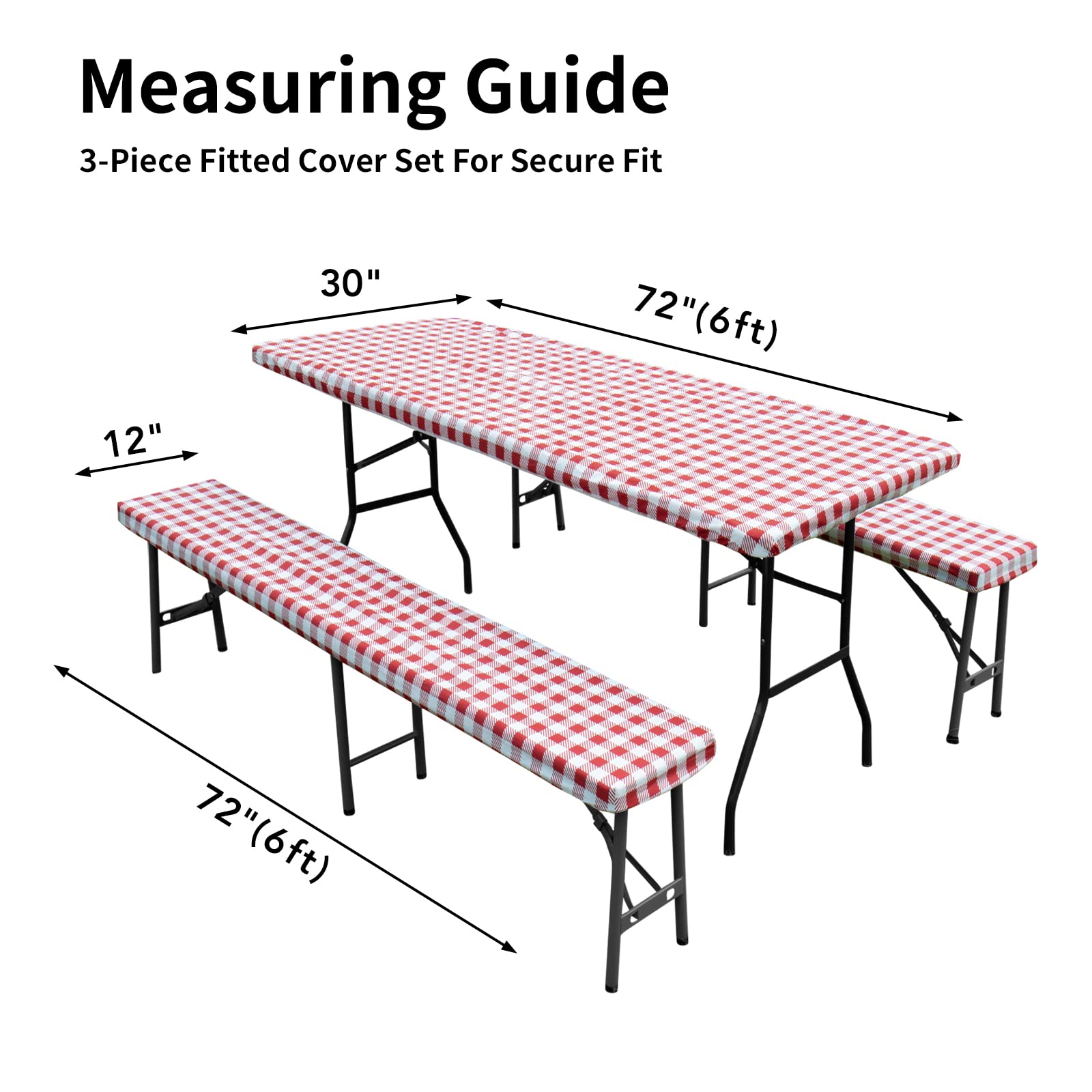 Easy-Going 100% Waterproof Picnic Outdoor Tablecloth With Bench Covers Fit 6 Foot Rectangle Table, 3-Piece Set Camping Table Cover With Seat Covers (30X72 In, Red-Checkered)