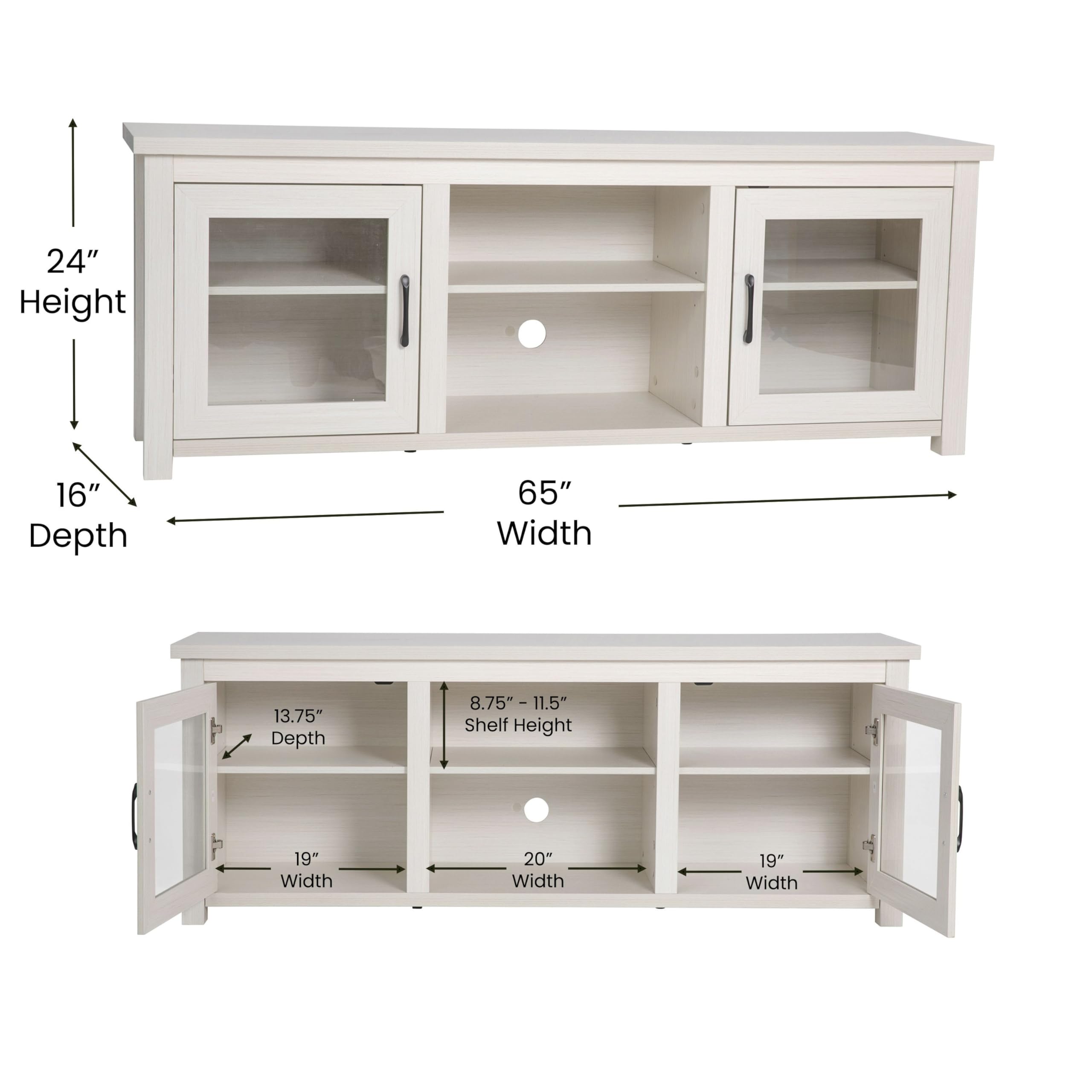 Flash Furniture Sheffield Engineered Wood TV Stand for 80&quot; TVs, Media Console/TV Cabinet with 3 Adjustable Shelves and Glass Doors, White Wash Finish