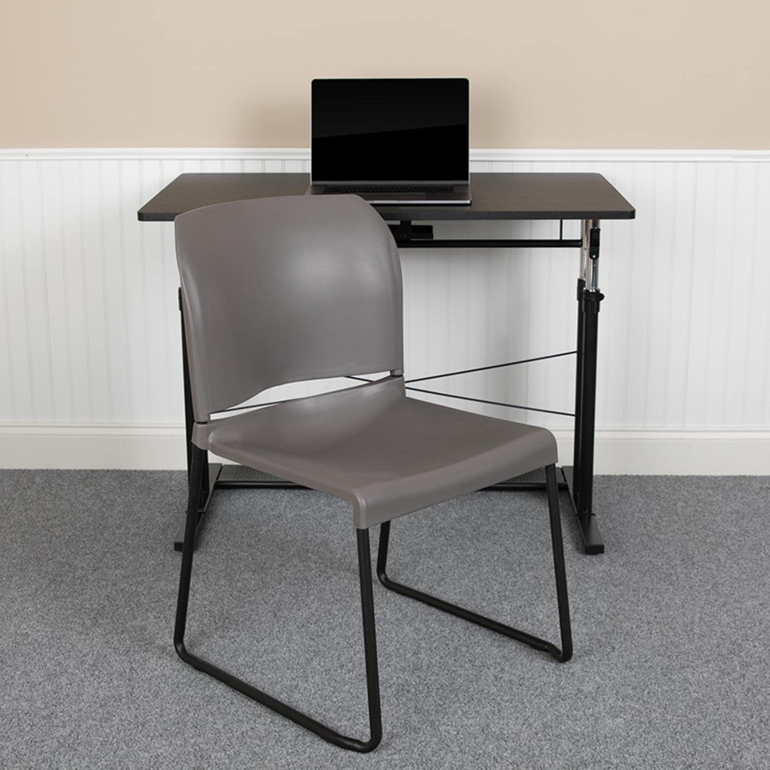 Flash Furniture Hercules Series 880 Lb. Capacity Gray Full Back Contoured Stack Chair With Black Powder Coated Sled Base