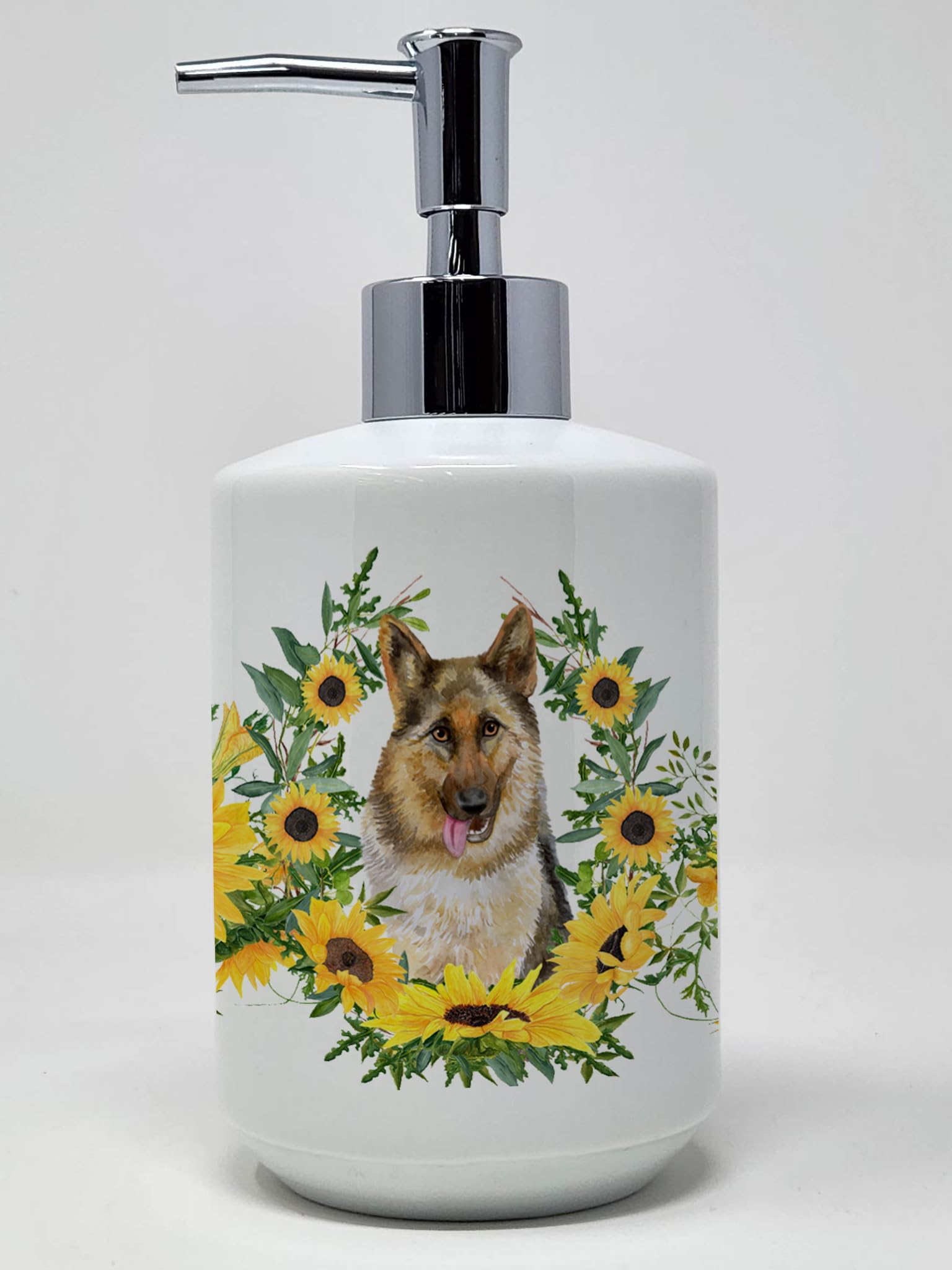 Caroline's Treasures CK2846SOAP German Shepherd in Sunflowers Ceramic Soap Dispenser Hand Soap Dispenser Pump Bottles for Bathro