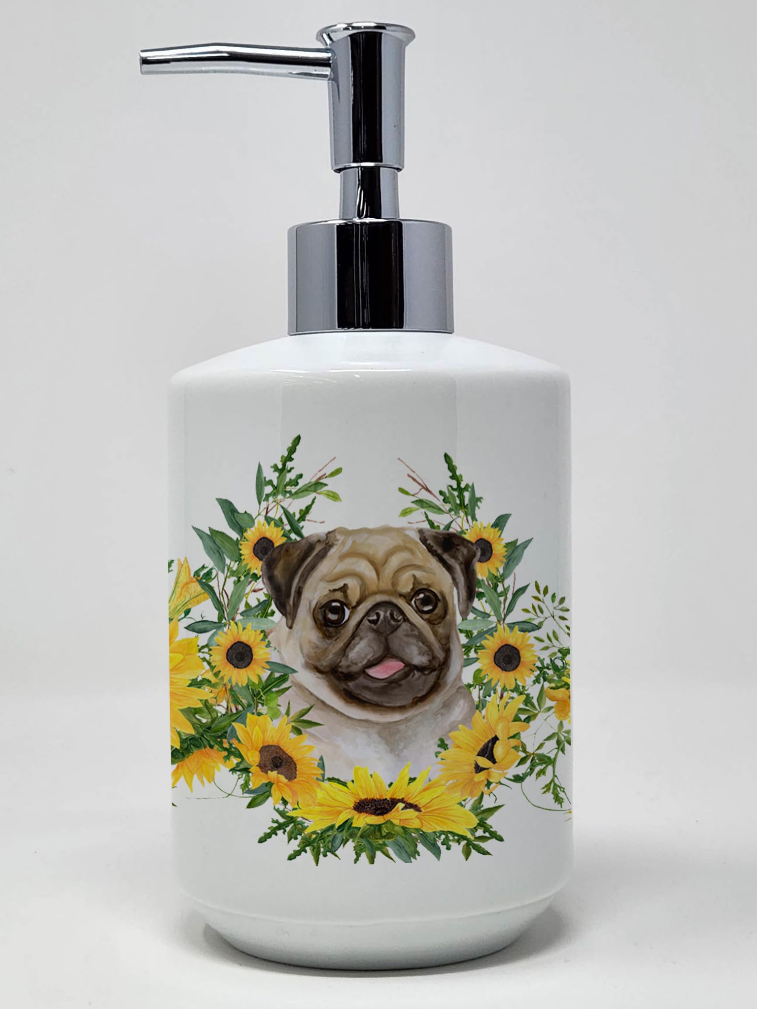 Caroline's Treasures CK2910SOAP Fawn Pug in Sunflowers Ceramic Soap Dispenser Hand Soap Dispenser Pump Bottles for Bathroom Kitc