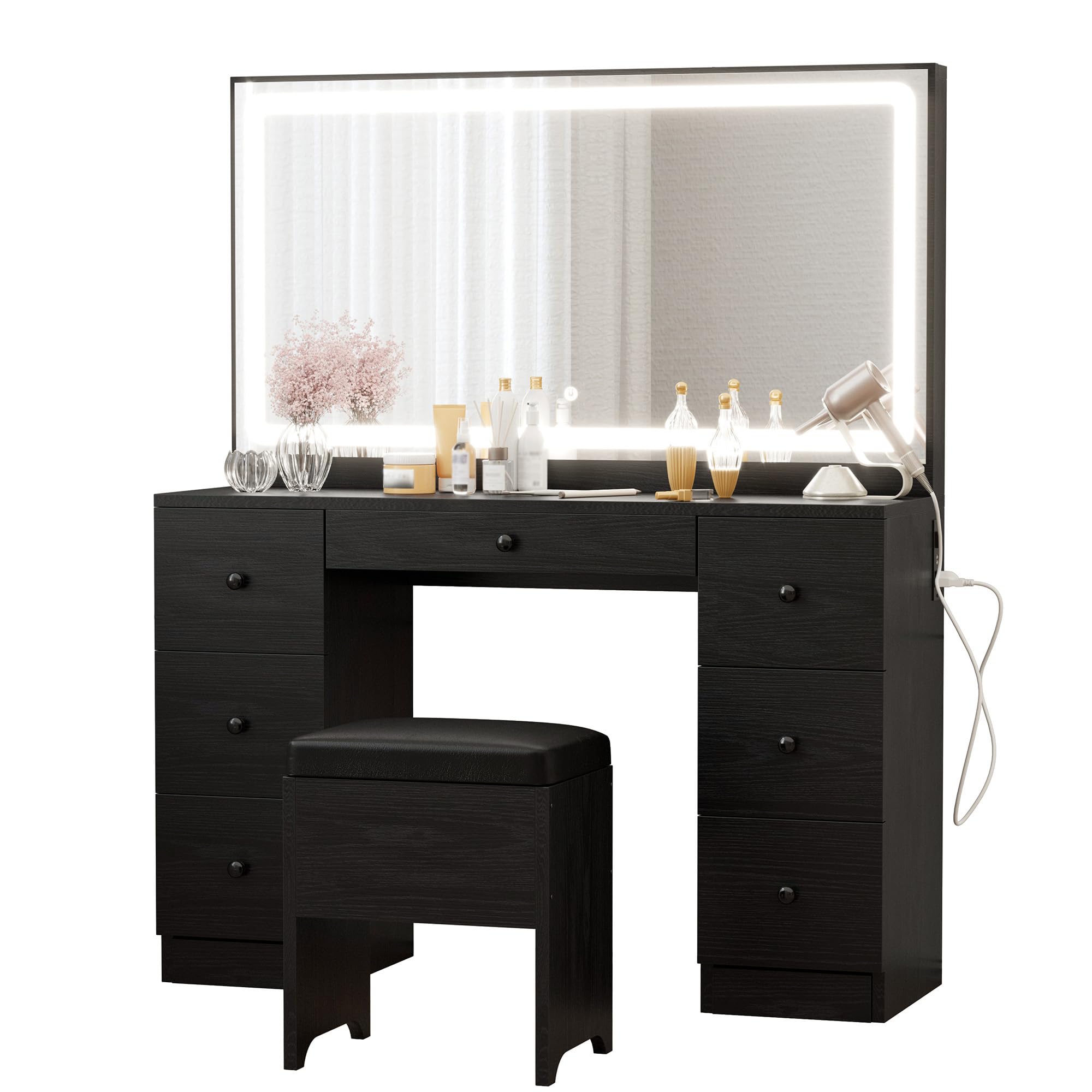 Ironck Vanity Makeup Desk Set With Led Lighted Mirror & Power Outlet, 7 Drawers Bedroom Vanities Table With Stool,Black
