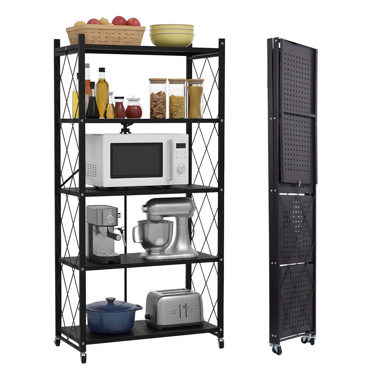 COKITOO 5 Tier Foldable Storage Shelf with Wheels, HeavyDuty Metal Shelving Unit, No Assembly Book Shelf Rolling Storage Rack f
