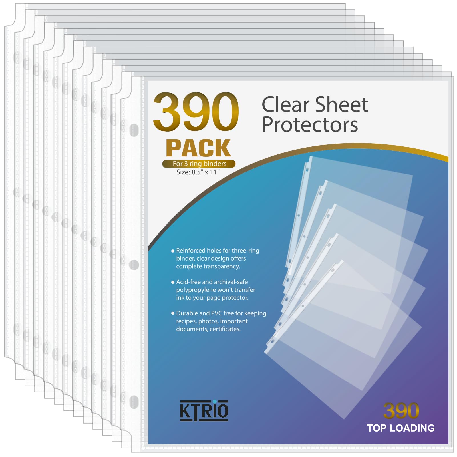 Ktrio 390 Pack Sheet Protectors 8.5 X 11 Inch, Clear Page Protector For 3 Ring Binder, Plastic Sleeves For Binders, Top Loading