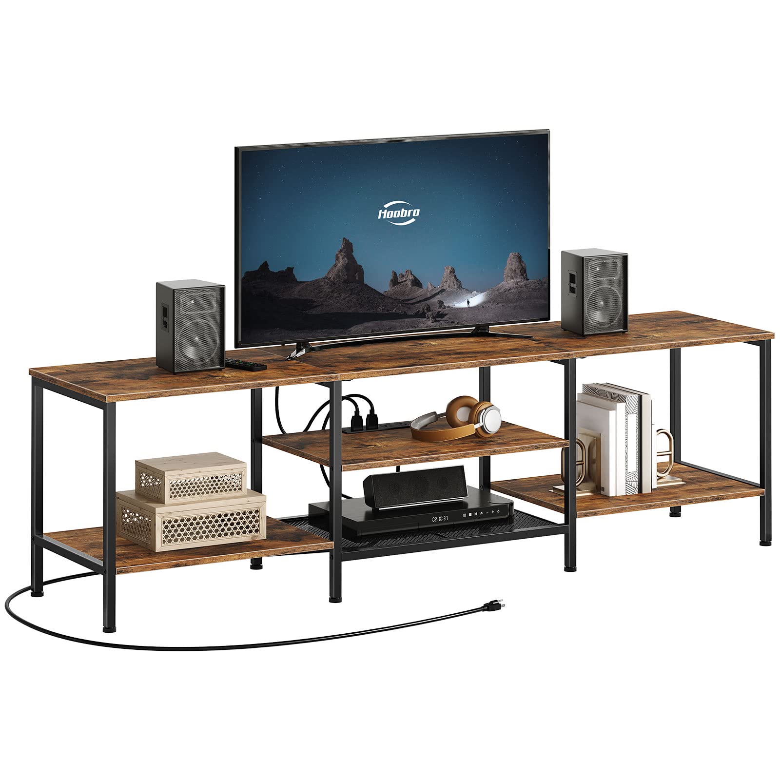 Hoobro Tv Stand With Power Outlets To 75 Inches, Tv Console Table With Open Storage Shelves Cabinet, Industrial Media Entertainment Center For Living Room Bedroom, Rustic Brown And Black Bf80Ds01