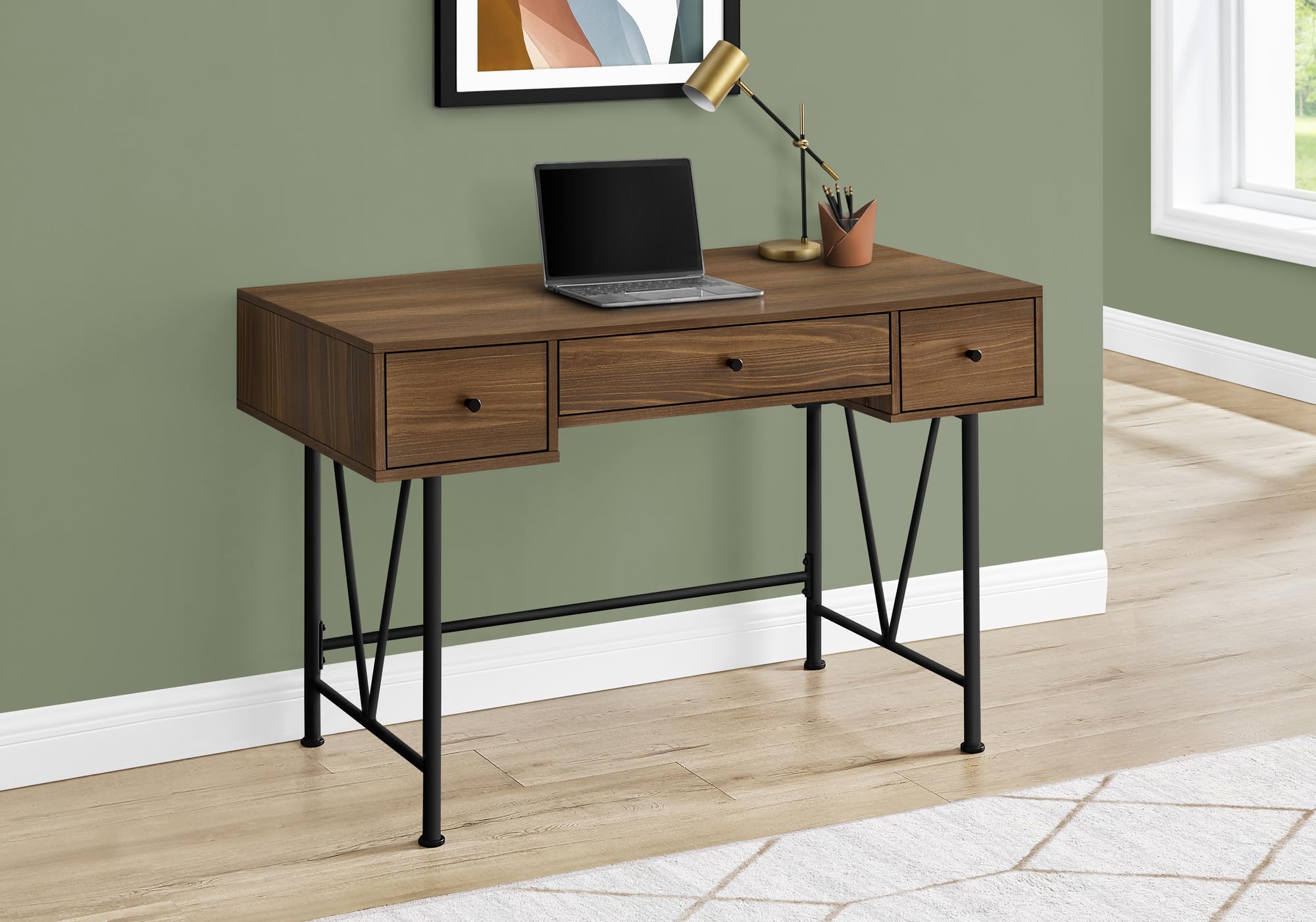 Monarch Specialties 7670 Computer Desk, Home Office, Laptop, Storage Drawers, 48' L, Work, Metal, Laminate, Walnut, Black, Transitional Desk-48, 47.25' L x 23.75' W x 30.5' H