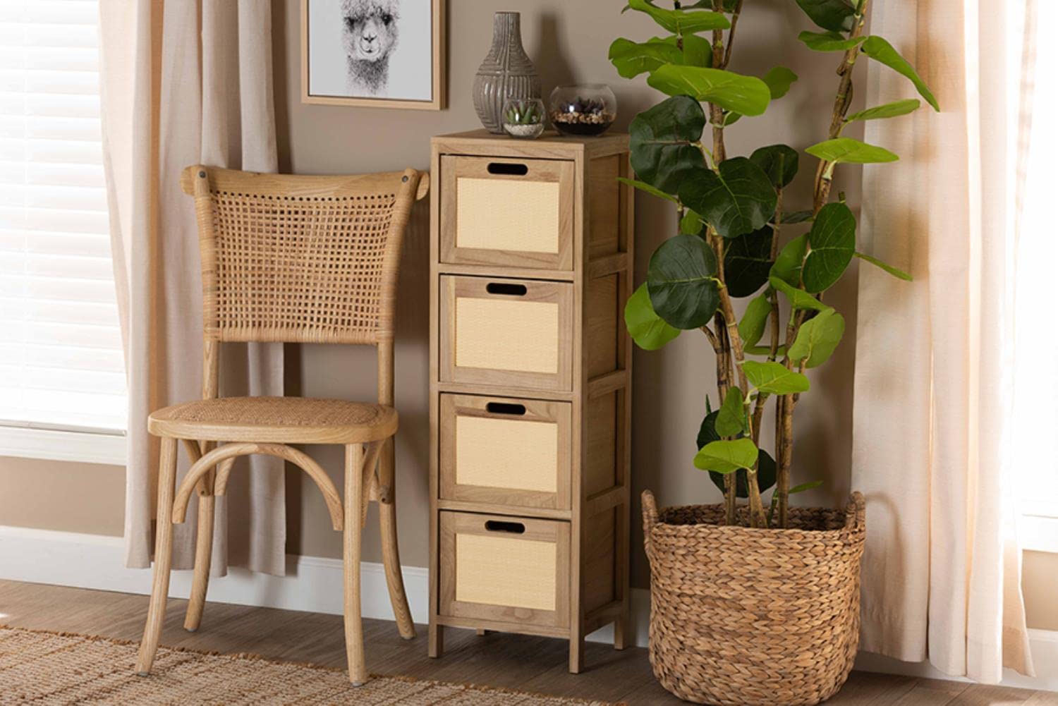 Baxton Studio Paolo Mid-Century Modern Natural Brown Finished Wood and Rattan 4-Drawer Storage Unit