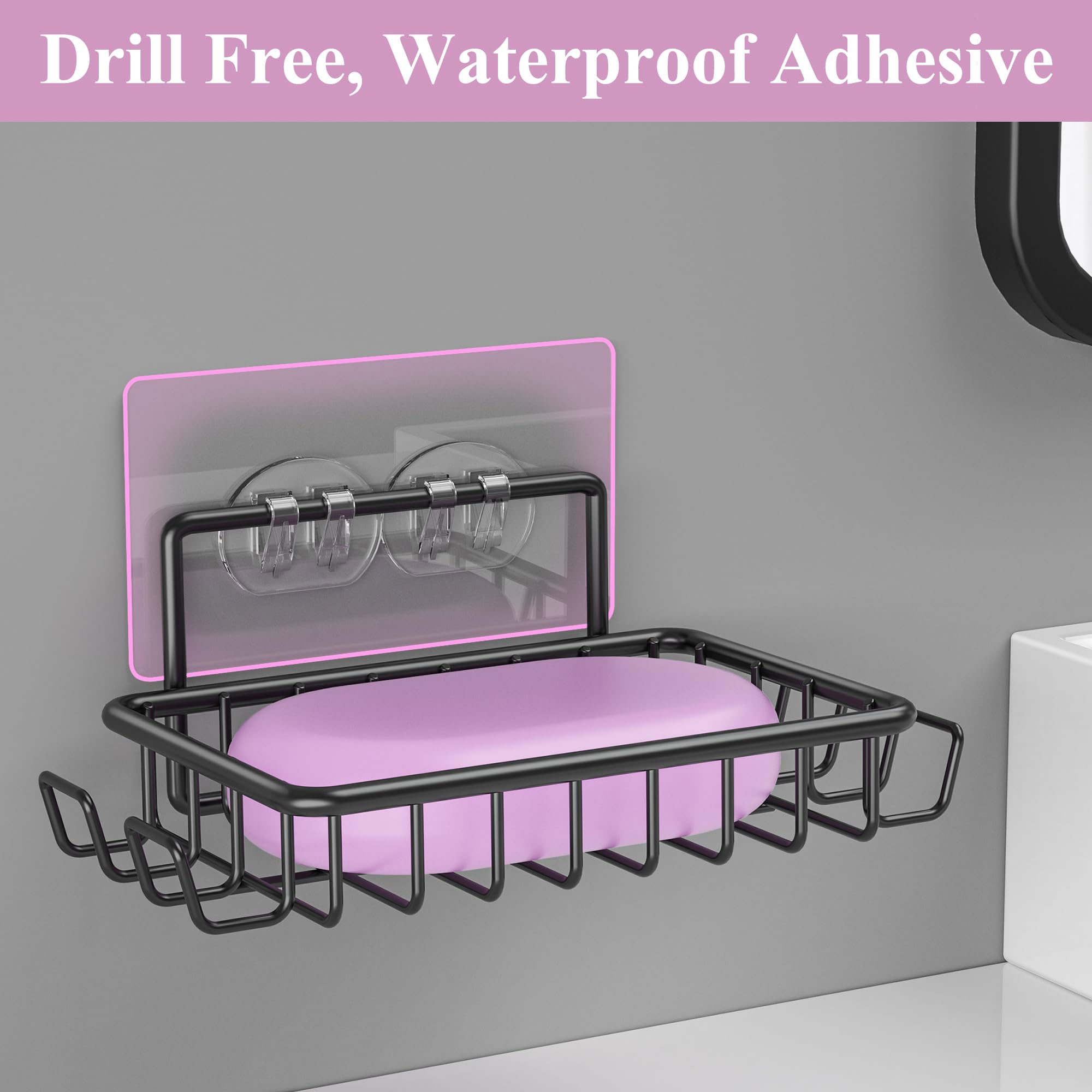 Ailibuligo Adhesive Soap Bar Holder Dish For Shower Wall With Hooks, Black, 3 Pack