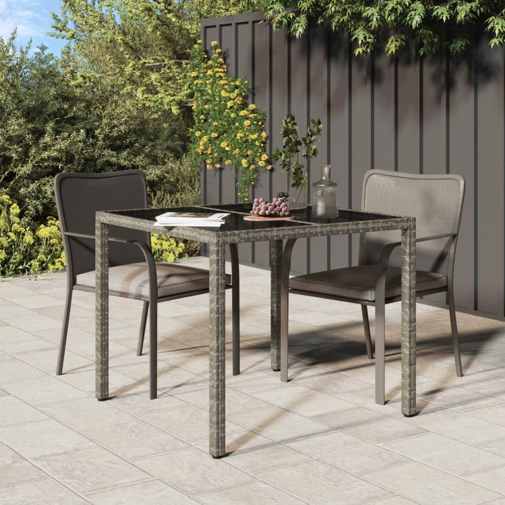 vidaXL Modern Gray Poly Rattan Outdoor Patio Table with Tempered Glass Top - Thumbnail 2