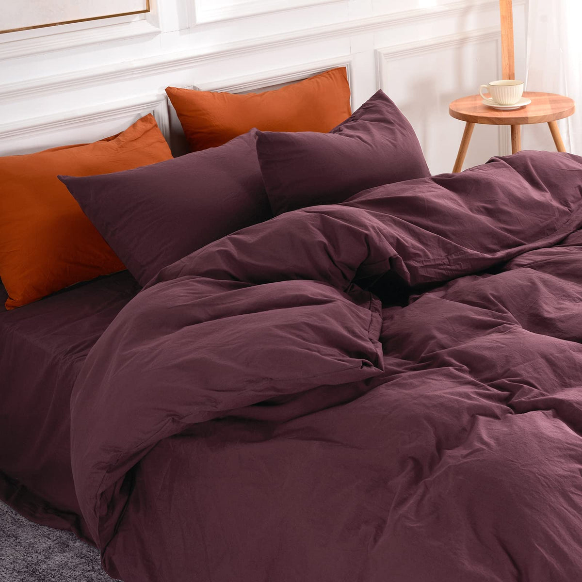 Nexhome Pro Duvet Cover Set Kids Twin Size Linen Look Textured Organic Natural 100% Washed Cotton Duvet Cover Burgundy Dark Red