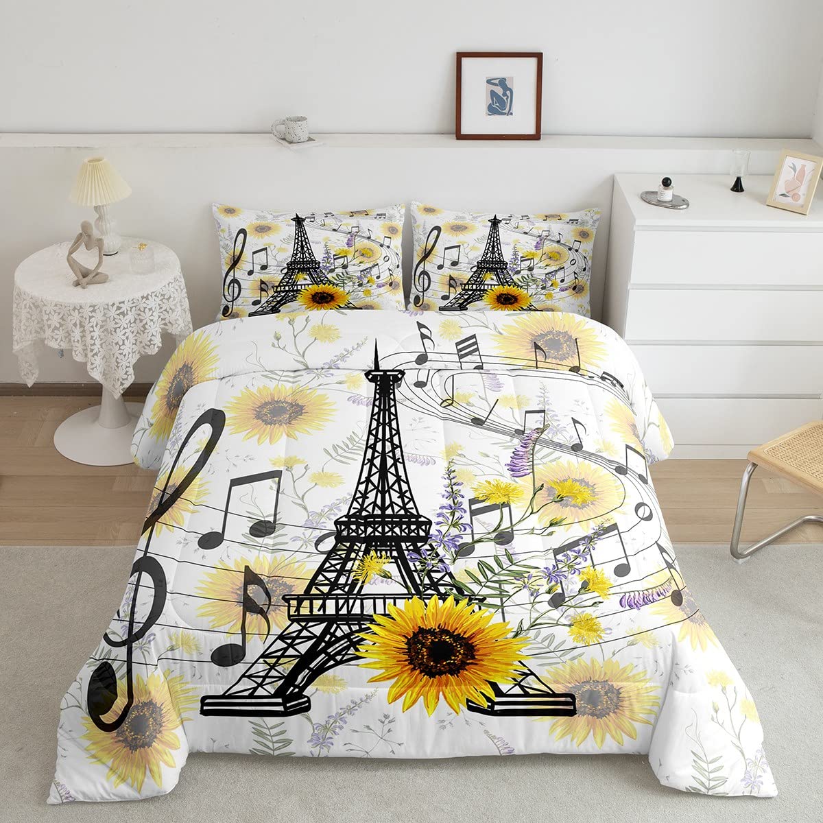 Feelyou Eiffel Tower Kids Comforter Set Cute Sunflower Bed Sheet Set For Boys Children Teens Bedroom Decor Paris Tower Bedding S